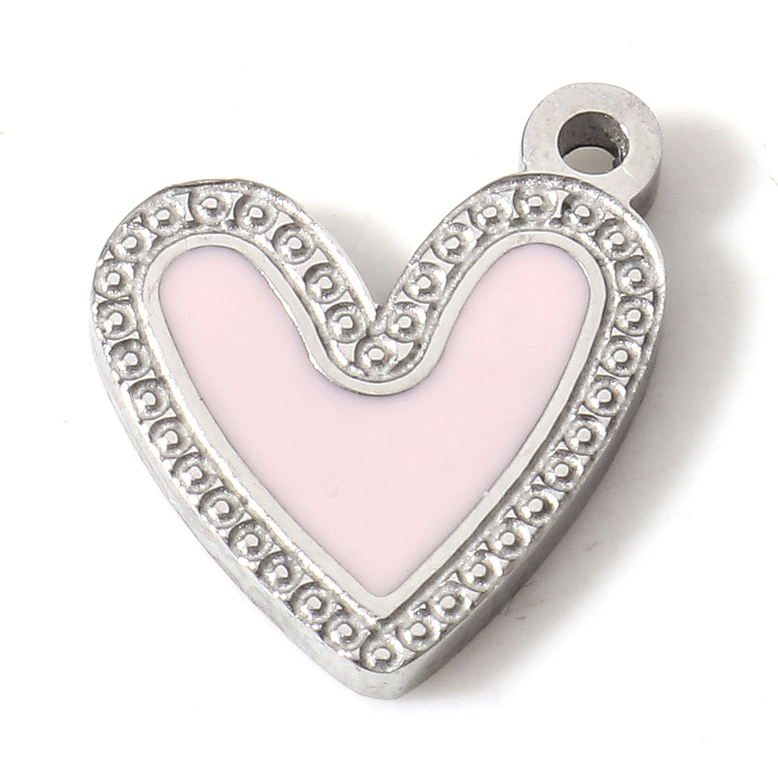 Picture of 304 Stainless Steel Valentine's Day Charms Silver Tone Light Pink Heart Enamel 12mm x 11mm, 1 Piece
