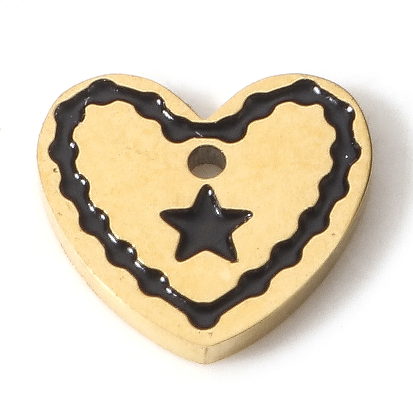 Picture of 304 Stainless Steel Valentine's Day Charms 18K Gold Color Black Heart Pentagram Star 8mm x 7.5mm, 1 Piece