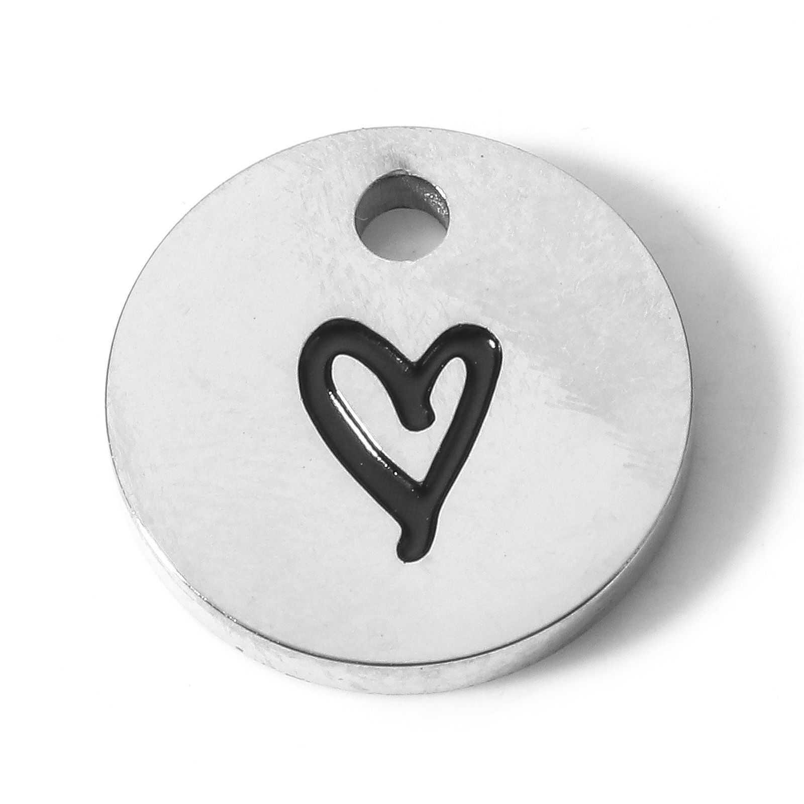 Picture of 304 Stainless Steel Valentine's Day Charms Silver Tone Round Heart 14mm Dia., 1 Piece