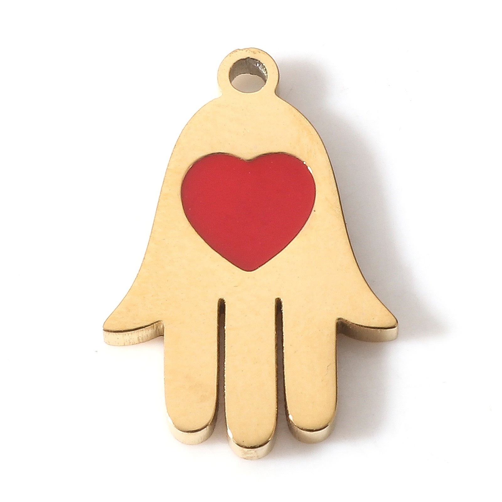 Picture of 304 Stainless Steel Valentine's Day Charms 18K Gold Color Red Hamsa Symbol Hand Enamel 15mm x 10mm, 1 Piece