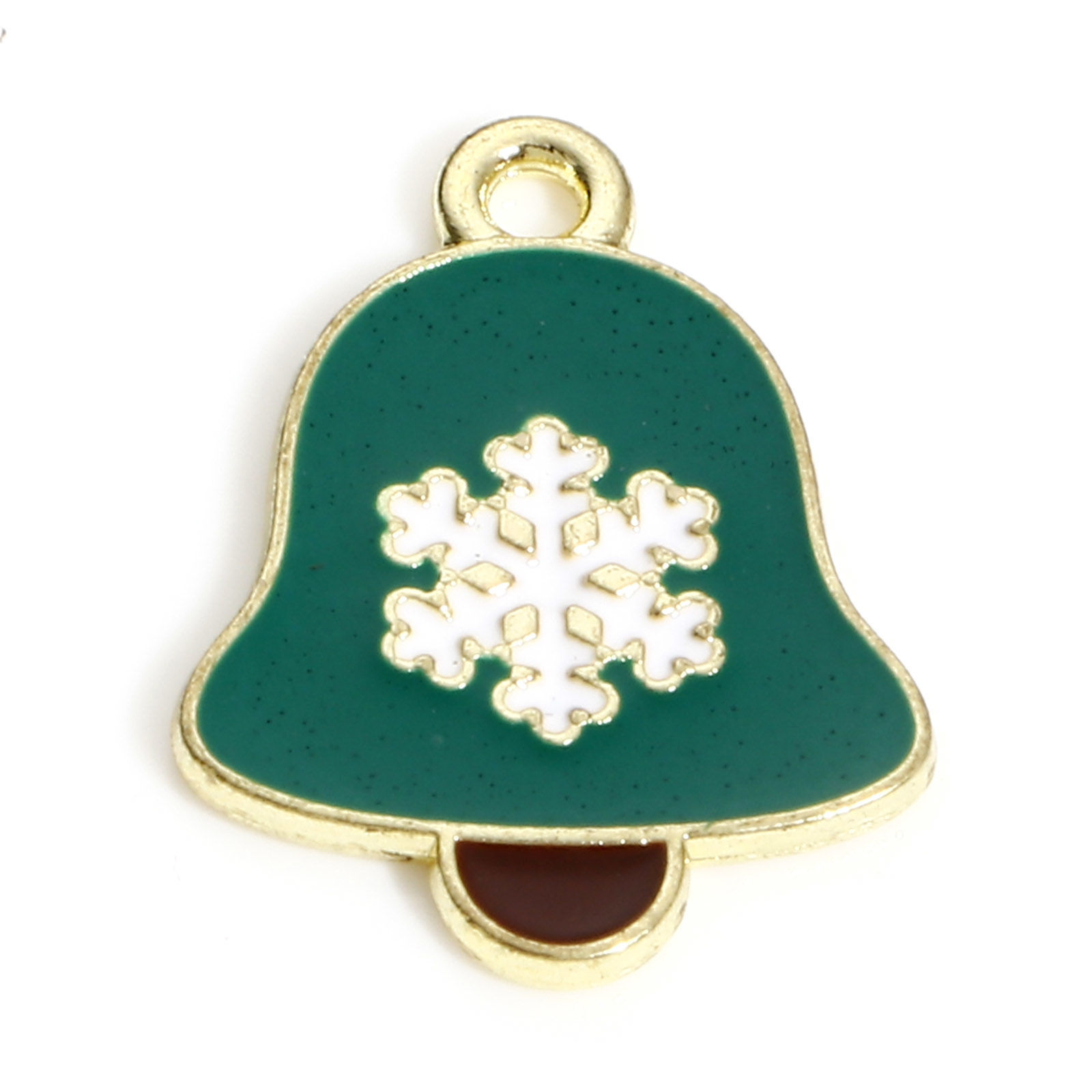 Picture of Zinc Based Alloy Christmas Charms KC Gold Plated Multicolor Bell Snowflake Enamel 19mm x 14mm, 10 PCs