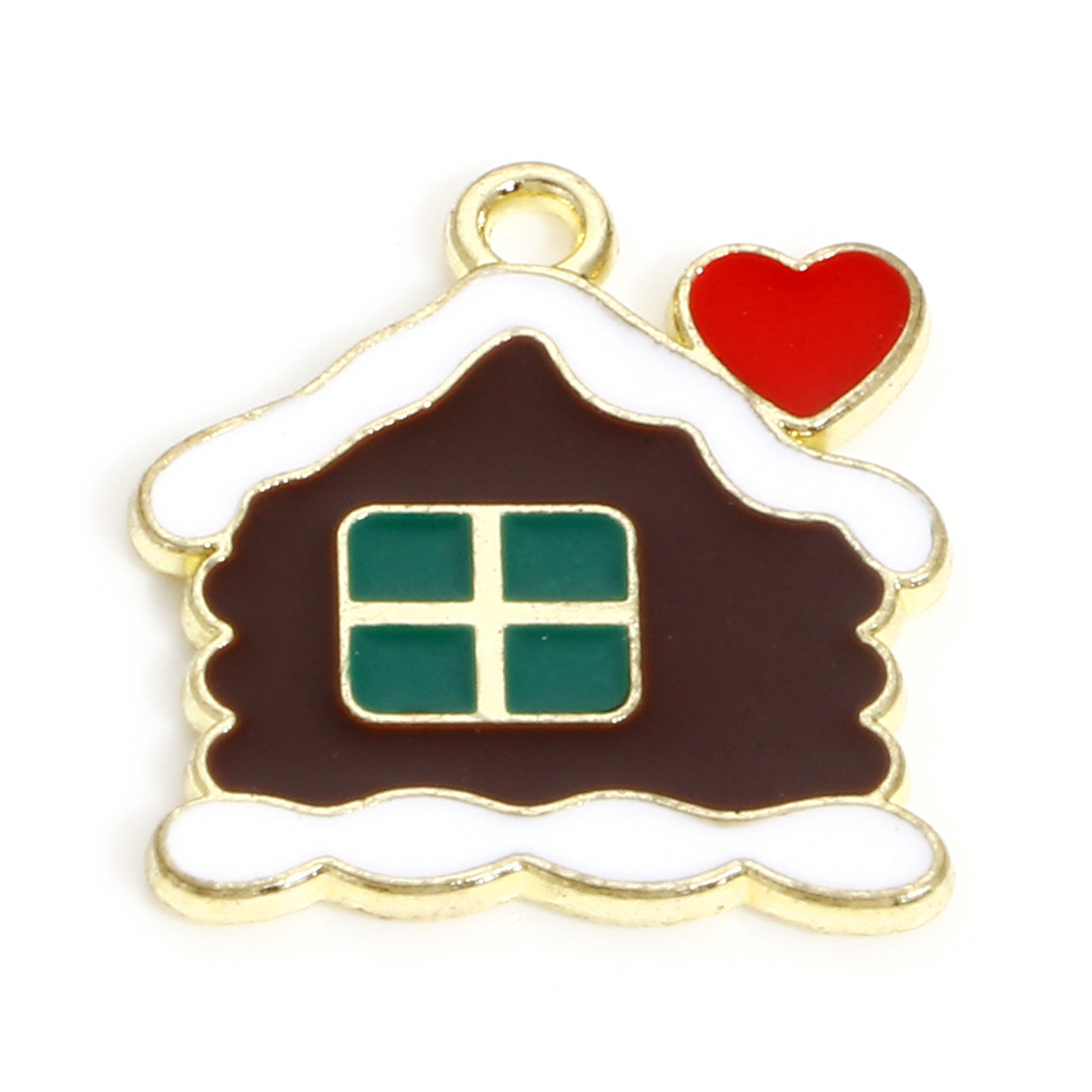 Picture of Zinc Based Alloy Christmas Charms KC Gold Plated Multicolor Christmas Village House Heart Enamel 17mm x 15mm, 10 PCs