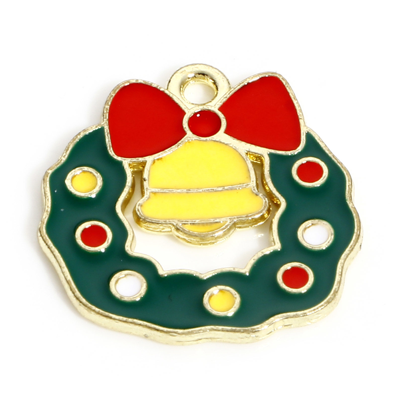 Picture of Zinc Based Alloy Christmas Charms KC Gold Plated Multicolor Christmas Wreath Bell Enamel 18.5mm x 18mm, 10 PCs