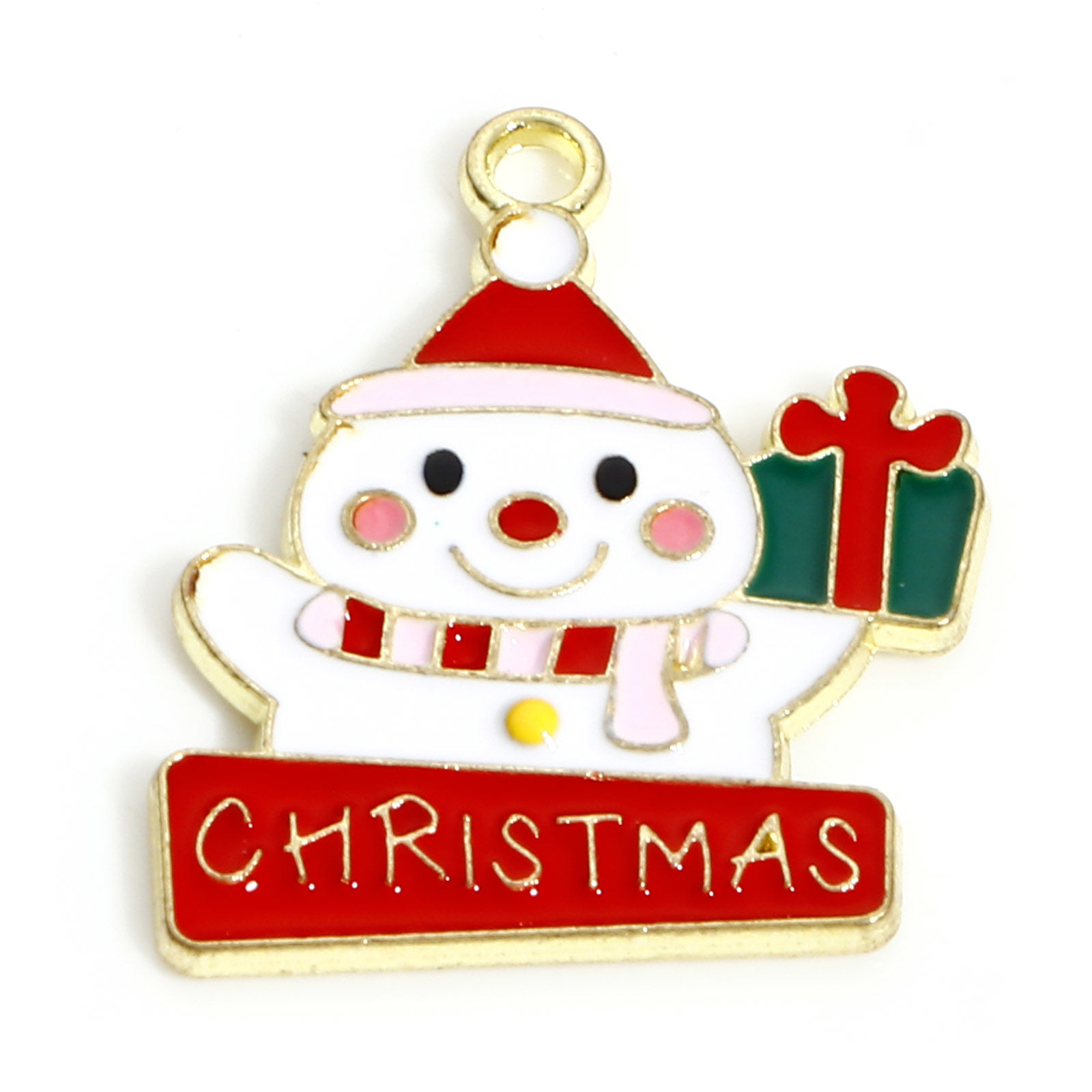 Picture of Zinc Based Alloy Christmas Charms KC Gold Plated Multicolor Christmas Snowman Gift Box Enamel 20mm x 17mm, 10 PCs