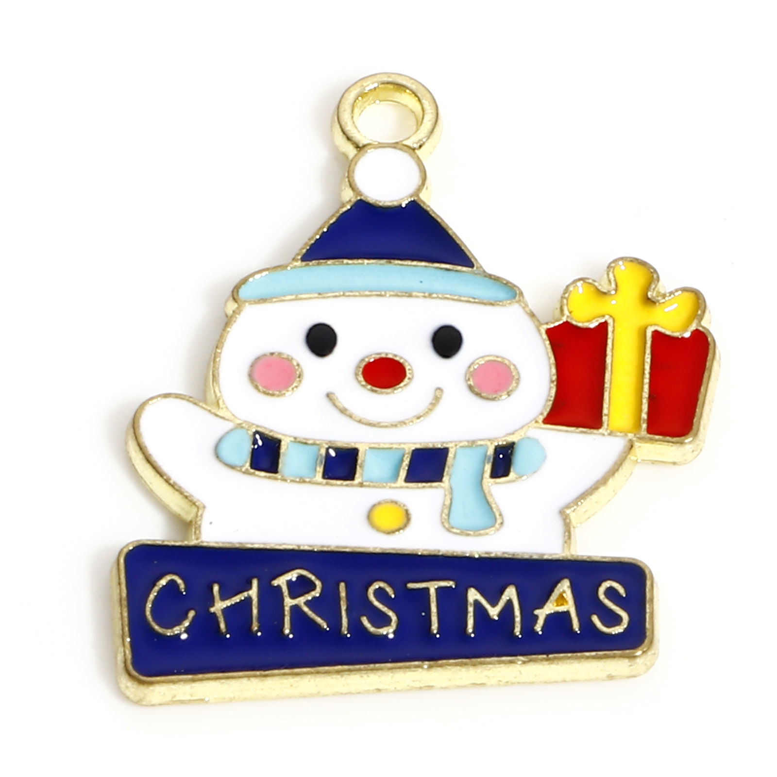 Picture of Zinc Based Alloy Christmas Charms KC Gold Plated Multicolor Christmas Snowman Gift Box Enamel 20mm x 17mm, 10 PCs