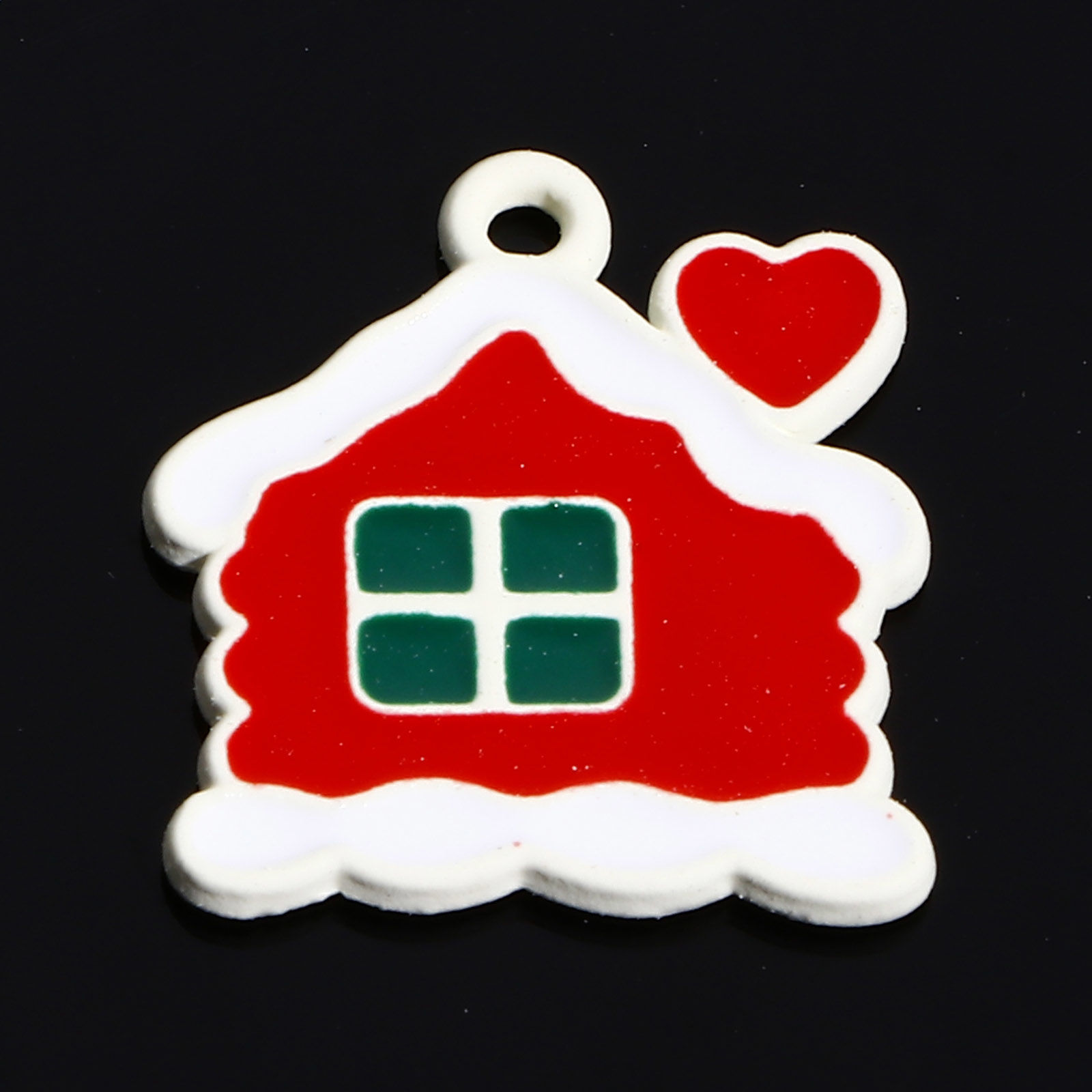 Picture of Zinc Based Alloy Christmas Charms White Multicolor Christmas Village House Heart Enamel 17mm x 15mm, 10 PCs