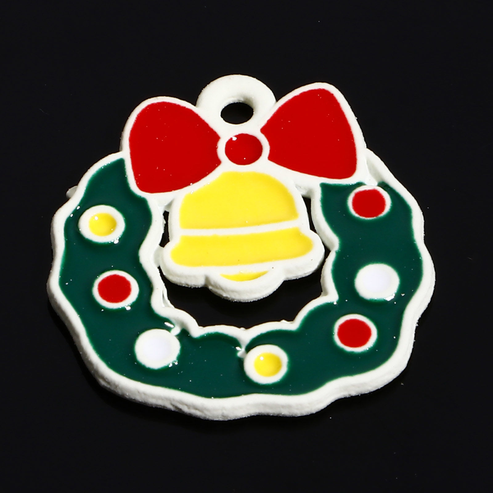 Picture of Zinc Based Alloy Christmas Charms White Multicolor Christmas Wreath Bell Enamel 18.5mm x 18mm, 10 PCs