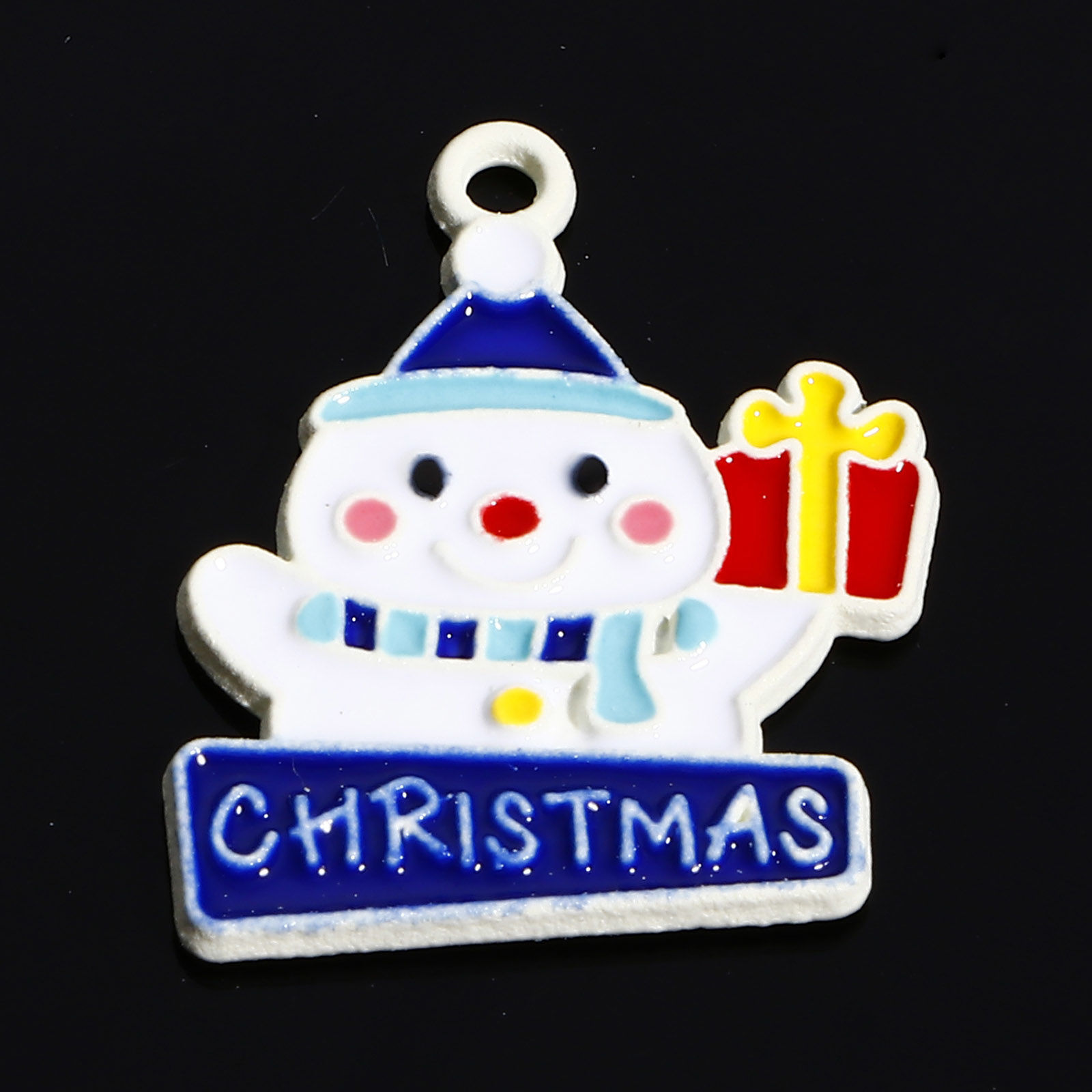 Picture of Zinc Based Alloy Christmas Charms White Multicolor Christmas Snowman Gift Box Enamel 20mm x 17mm, 10 PCs