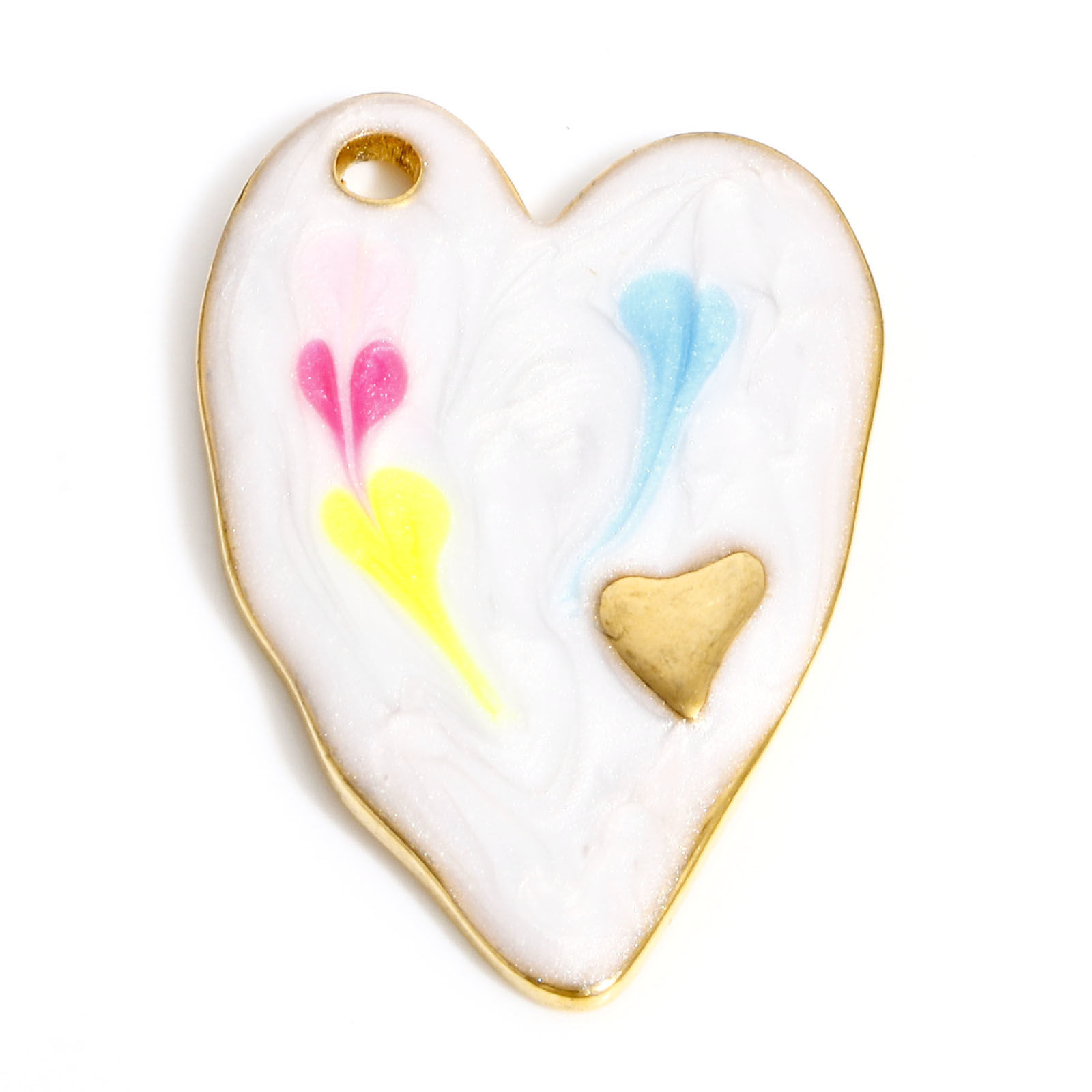 Picture of 304 Stainless Steel Valentine's Day Pendants Gold Plated White Heart Enamel 36mm x 24mm, 1 Piece