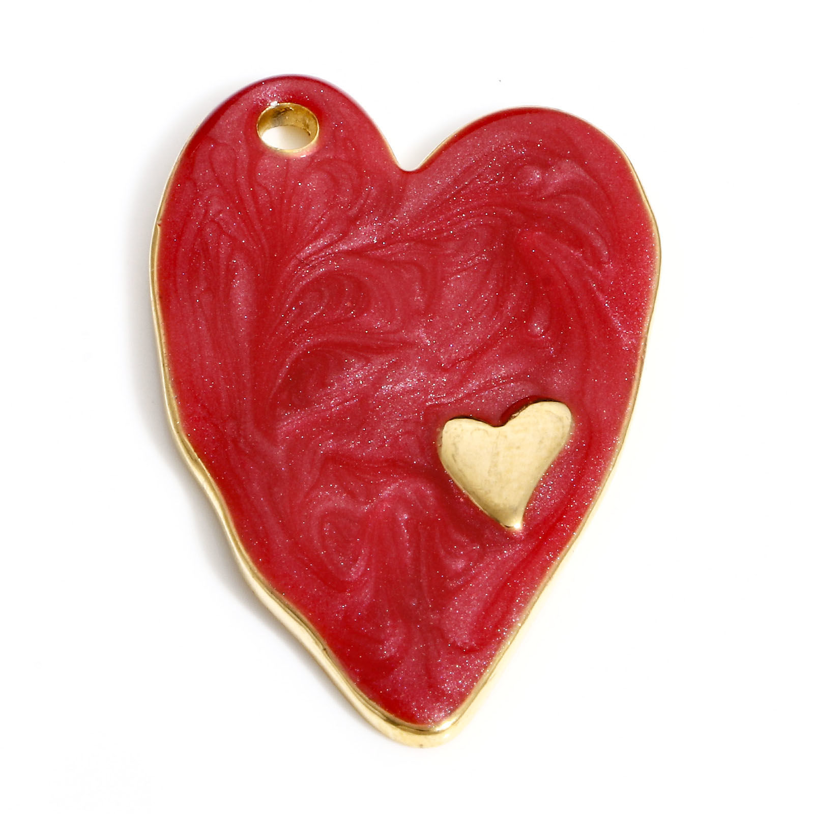 Picture of 304 Stainless Steel Valentine's Day Pendants Gold Plated Red Heart Enamel 36mm x 24mm, 1 Piece