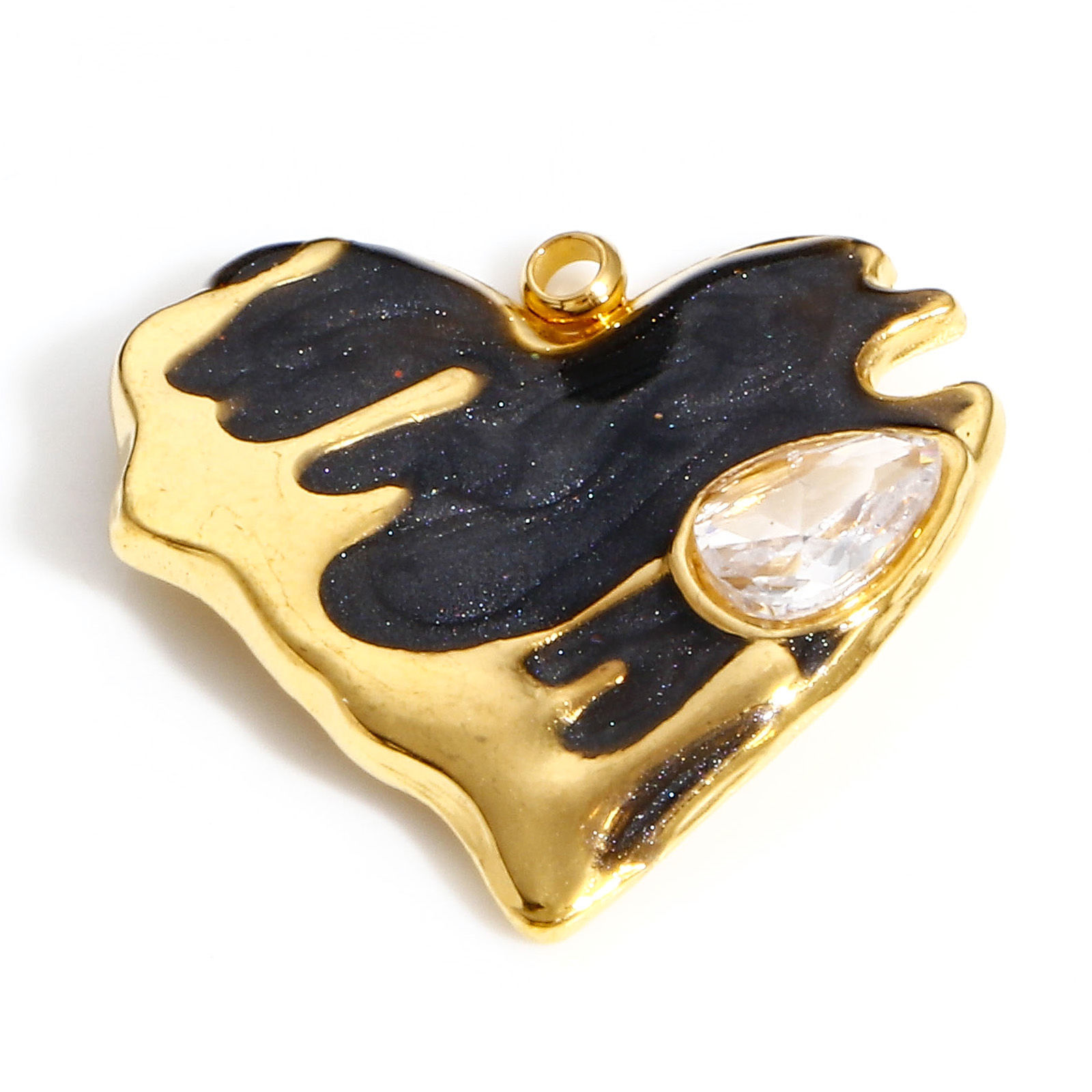 Picture of 304 Stainless Steel Valentine's Day Charms Gold Plated Black Heart Drop Enamel Clear Rhinestone 19.5mm x 18.5mm, 1 Piece