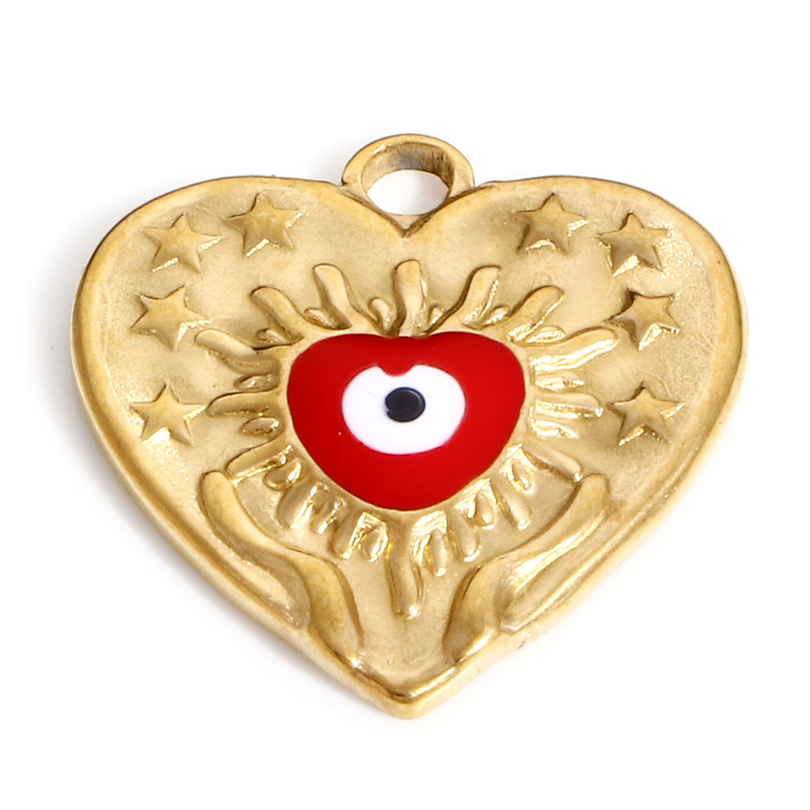 Picture of 304 Stainless Steel Valentine's Day Charms Gold Plated Red Heart Evil Eye Enamel 17.5mm x 17mm, 1 Piece