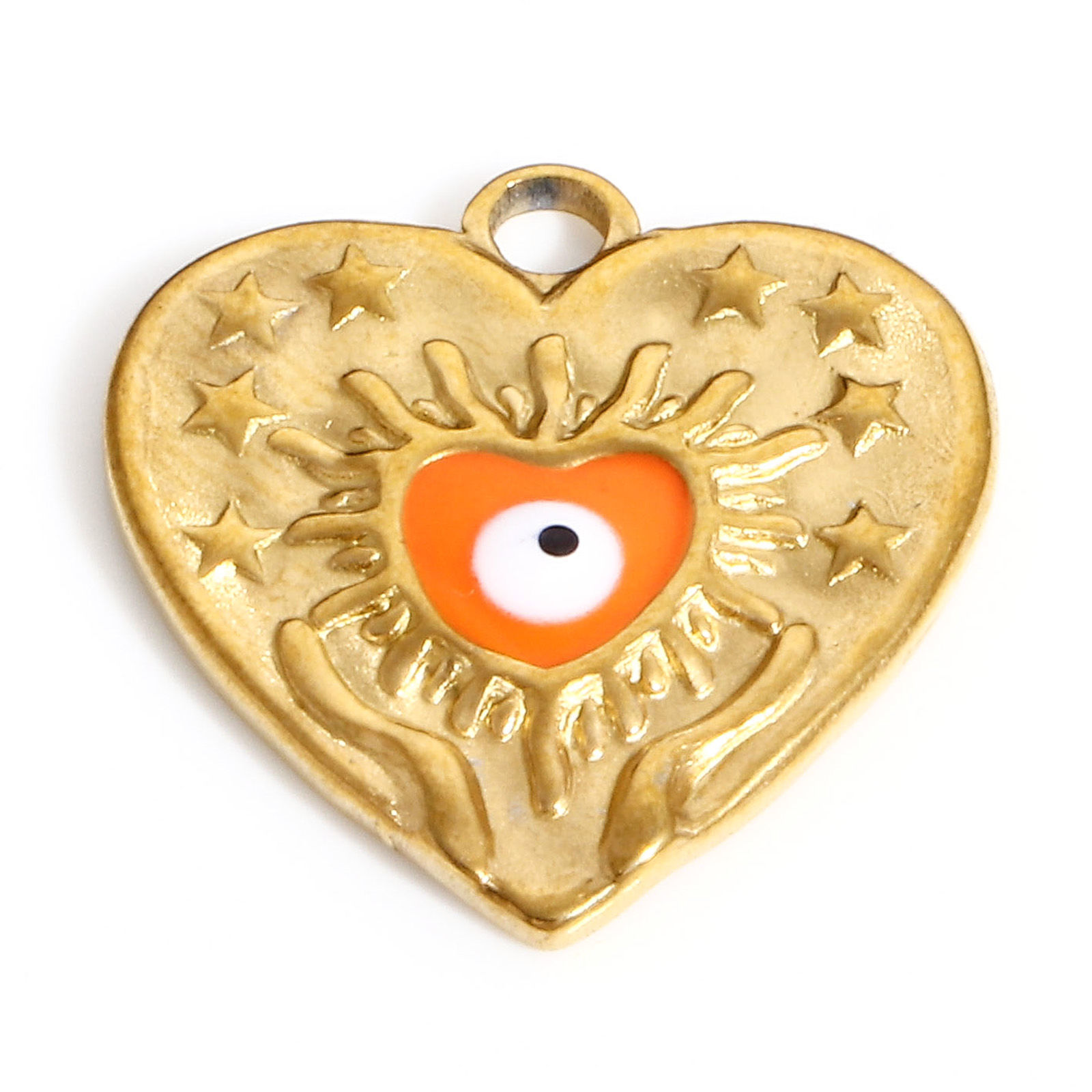 Picture of 304 Stainless Steel Valentine's Day Charms Gold Plated Orange Heart Evil Eye Enamel 17.5mm x 17mm, 1 Piece