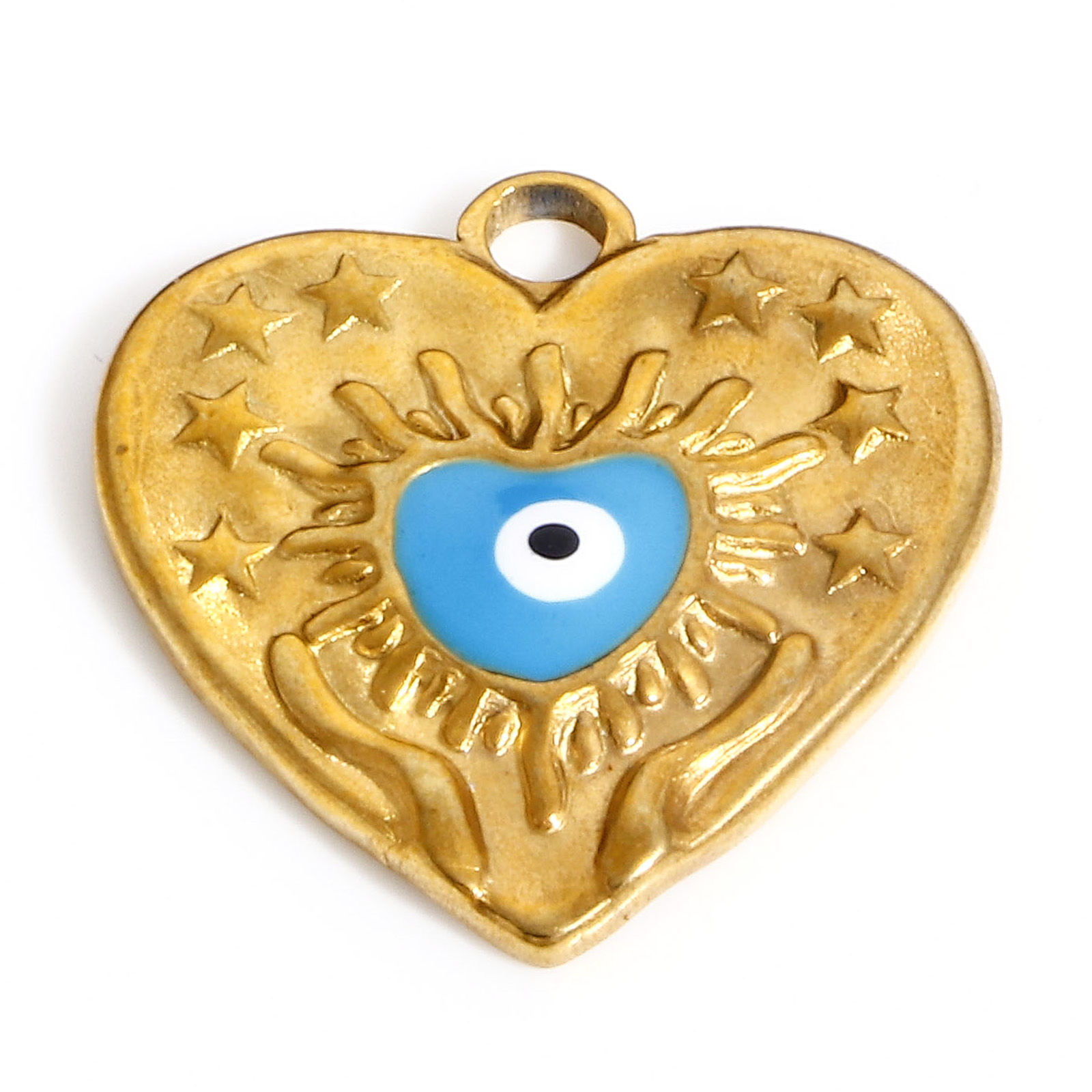 Picture of 304 Stainless Steel Valentine's Day Charms Gold Plated Blue Heart Evil Eye Enamel 17.5mm x 17mm, 1 Piece