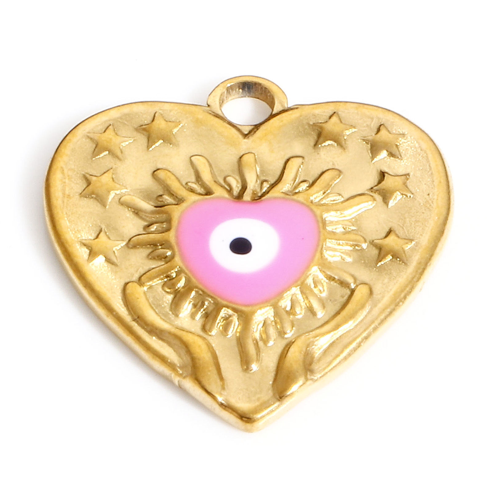 Picture of 304 Stainless Steel Valentine's Day Charms Gold Plated Pink Heart Evil Eye Enamel 17.5mm x 17mm, 1 Piece