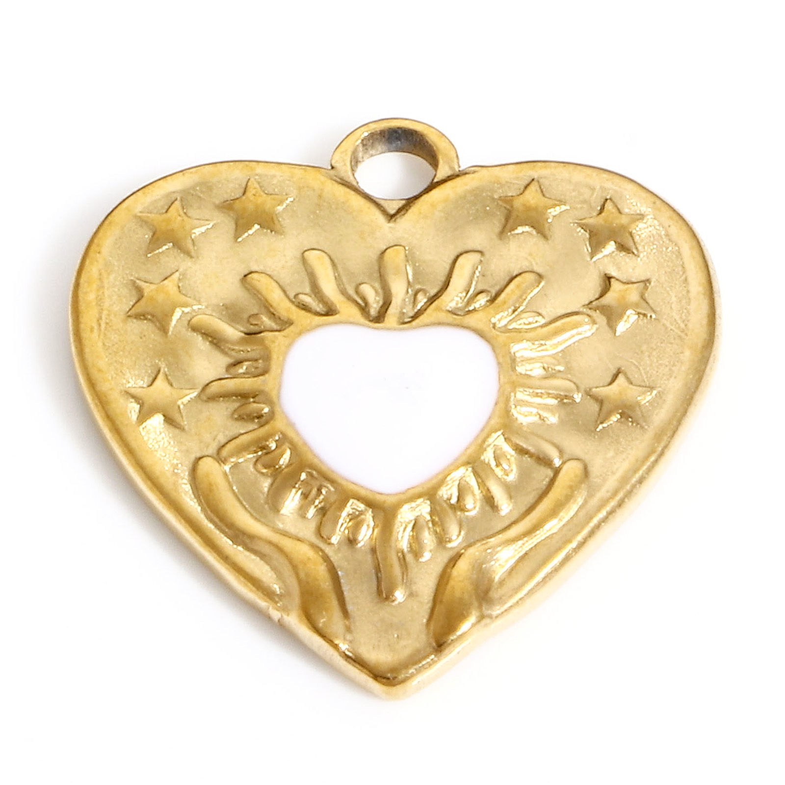 Picture of 304 Stainless Steel Valentine's Day Charms Gold Plated White Heart Pentagram Star Enamel 17.5mm x 17mm, 1 Piece