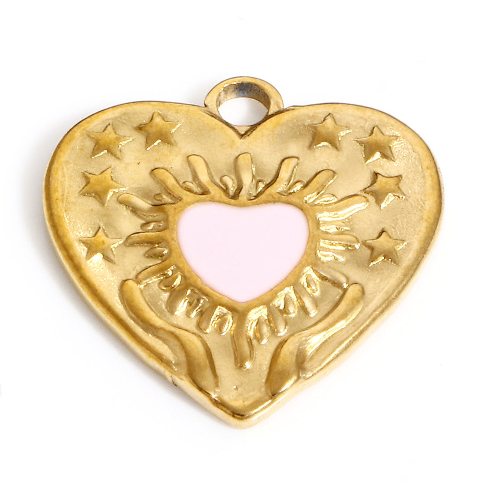 Picture of 304 Stainless Steel Valentine's Day Charms Gold Plated Pink Heart Pentagram Star Enamel 17.5mm x 17mm, 1 Piece