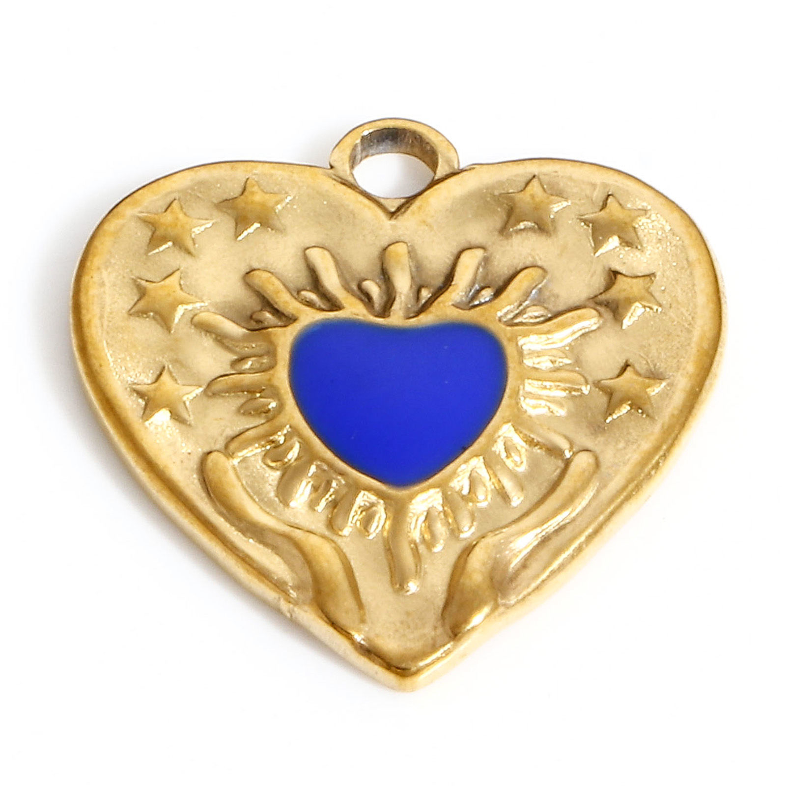 Picture of 304 Stainless Steel Valentine's Day Charms Gold Plated Dark Blue Heart Pentagram Star Enamel 17.5mm x 17mm, 1 Piece