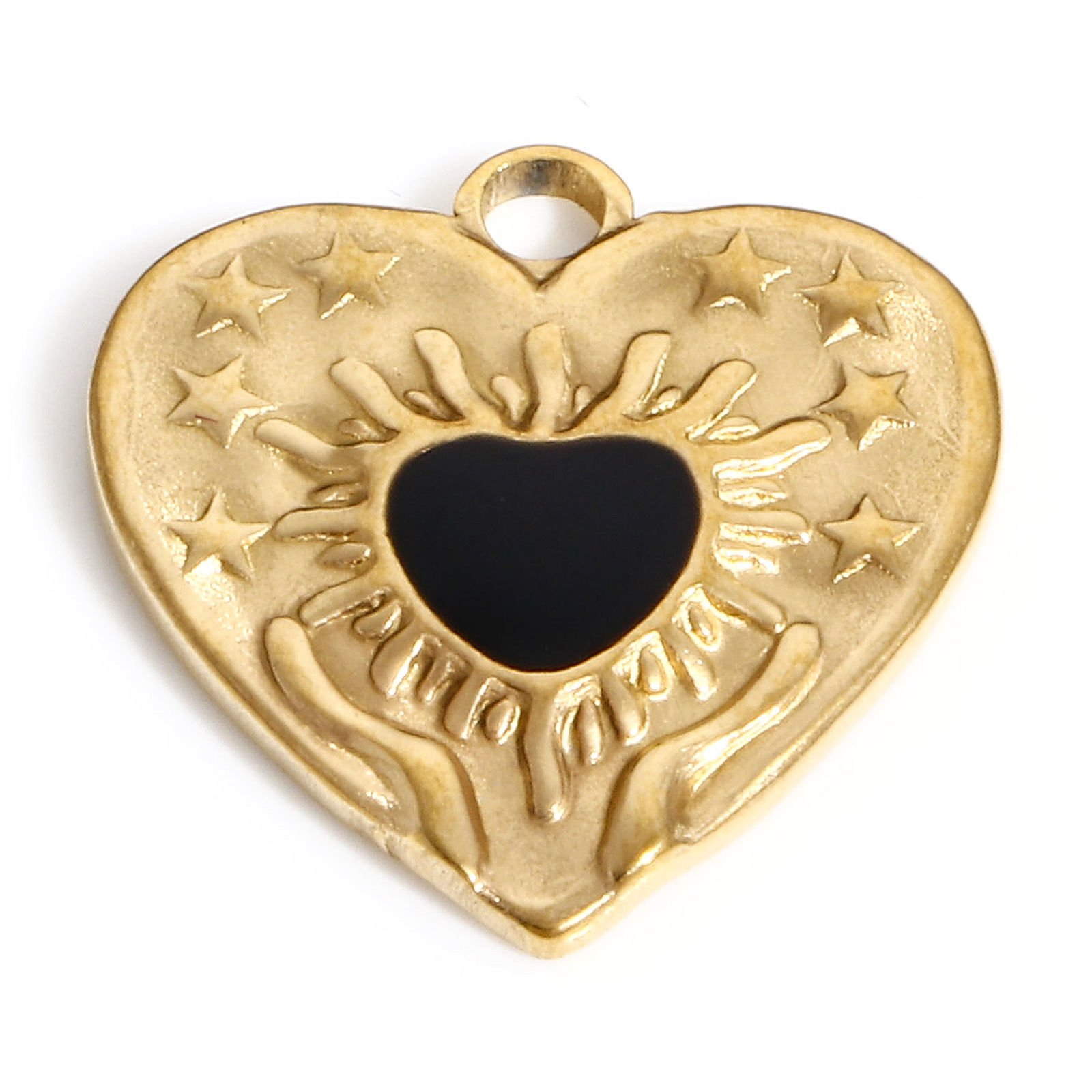 Picture of 304 Stainless Steel Valentine's Day Charms Gold Plated Black Heart Pentagram Star Enamel 17.5mm x 17mm, 1 Piece