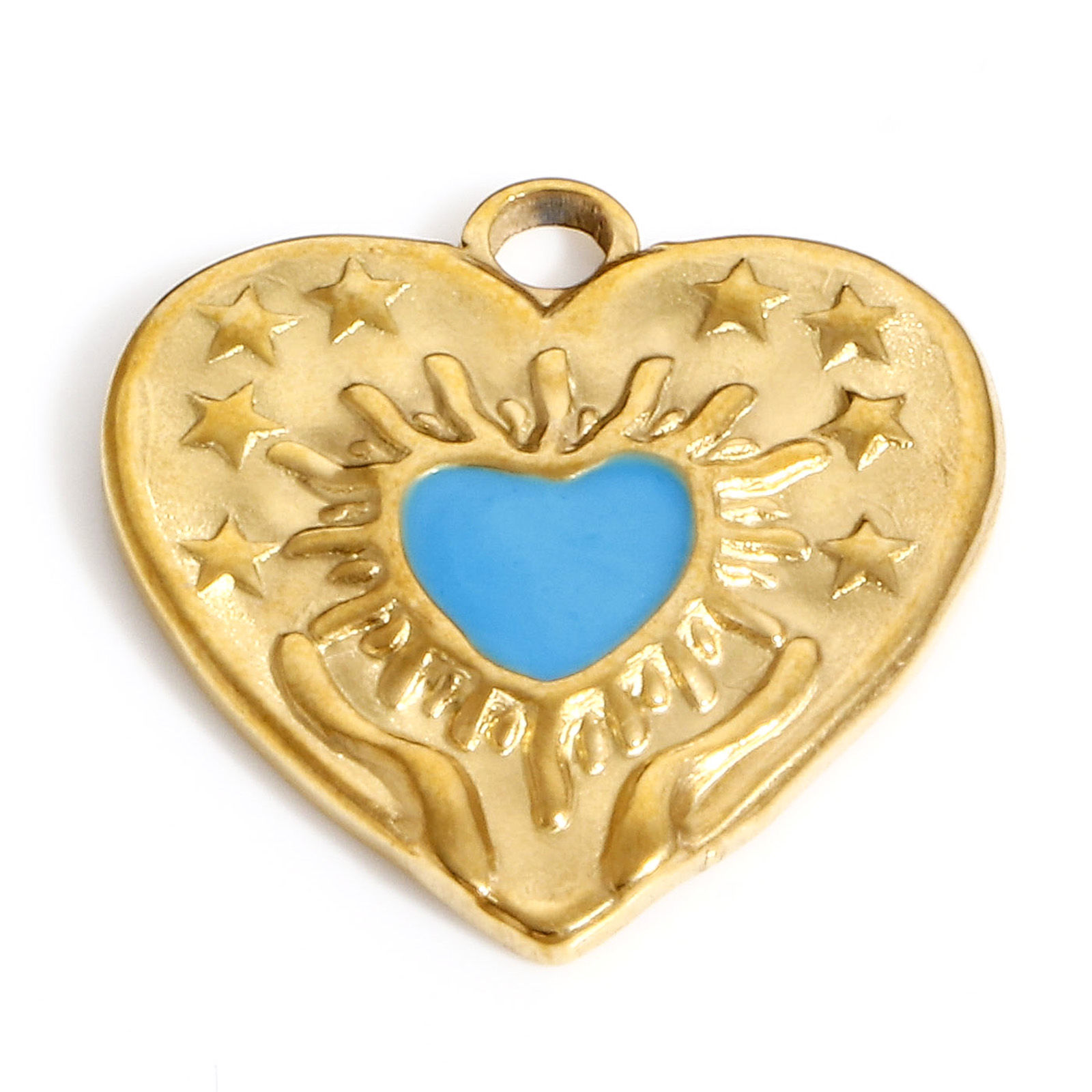 Picture of 304 Stainless Steel Valentine's Day Charms Gold Plated Blue Heart Pentagram Star Enamel 17.5mm x 17mm, 1 Piece