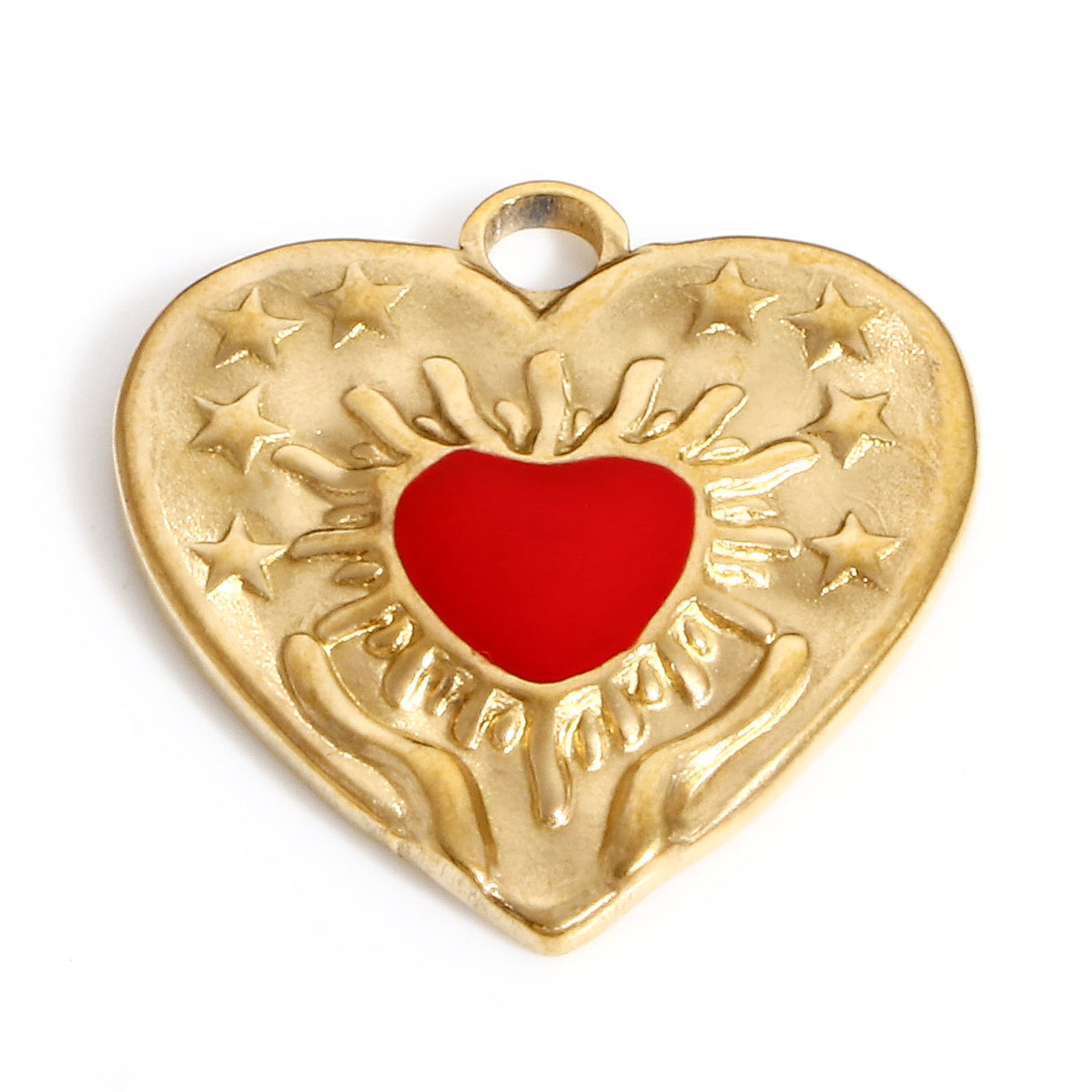 Picture of 304 Stainless Steel Valentine's Day Charms Gold Plated Red Heart Pentagram Star Enamel 17.5mm x 17mm, 1 Piece