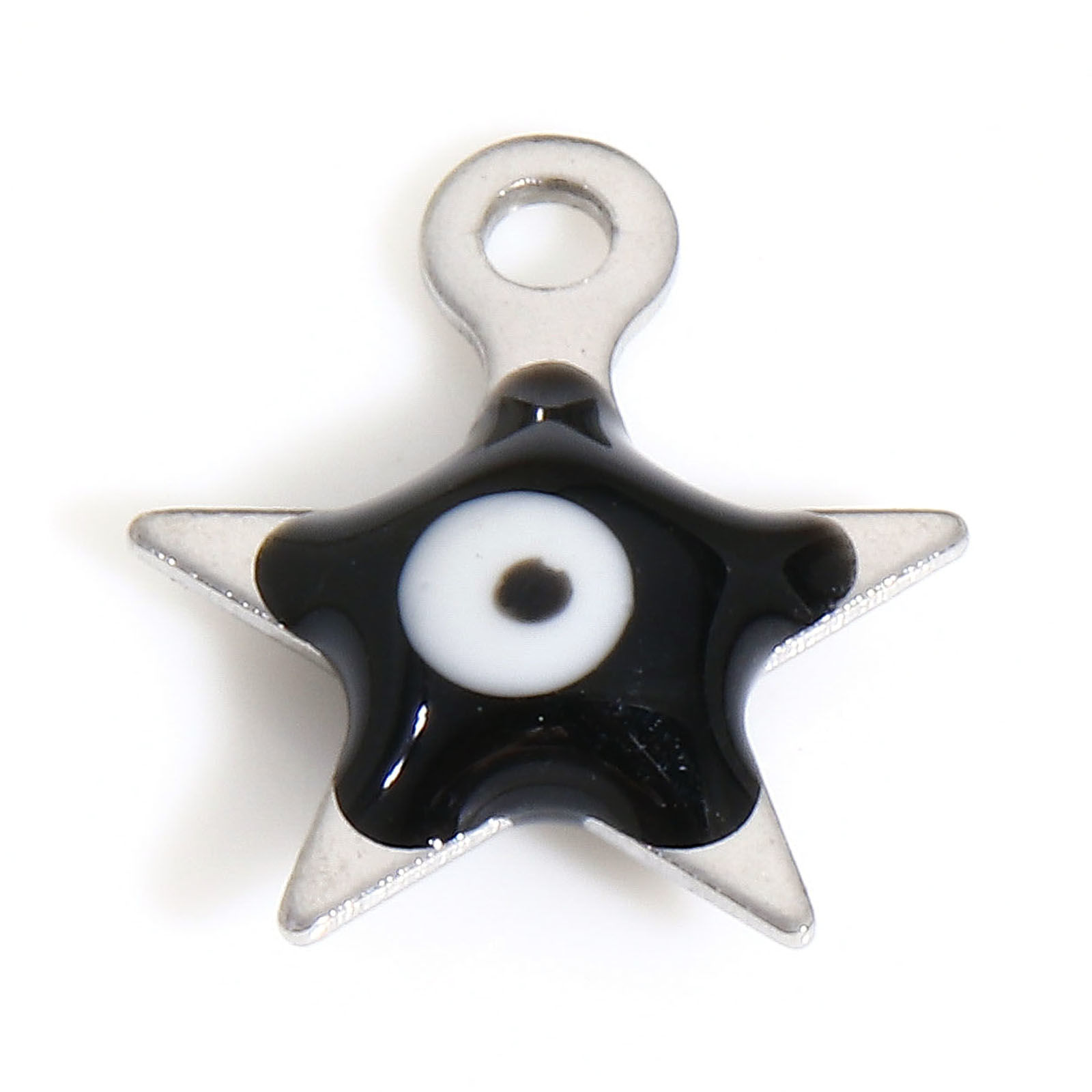 Picture of 304 Stainless Steel Religious Charms Silver Tone Black Pentagram Star Evil Eye Double-sided Enamel 9mm x 8mm, 10 PCs