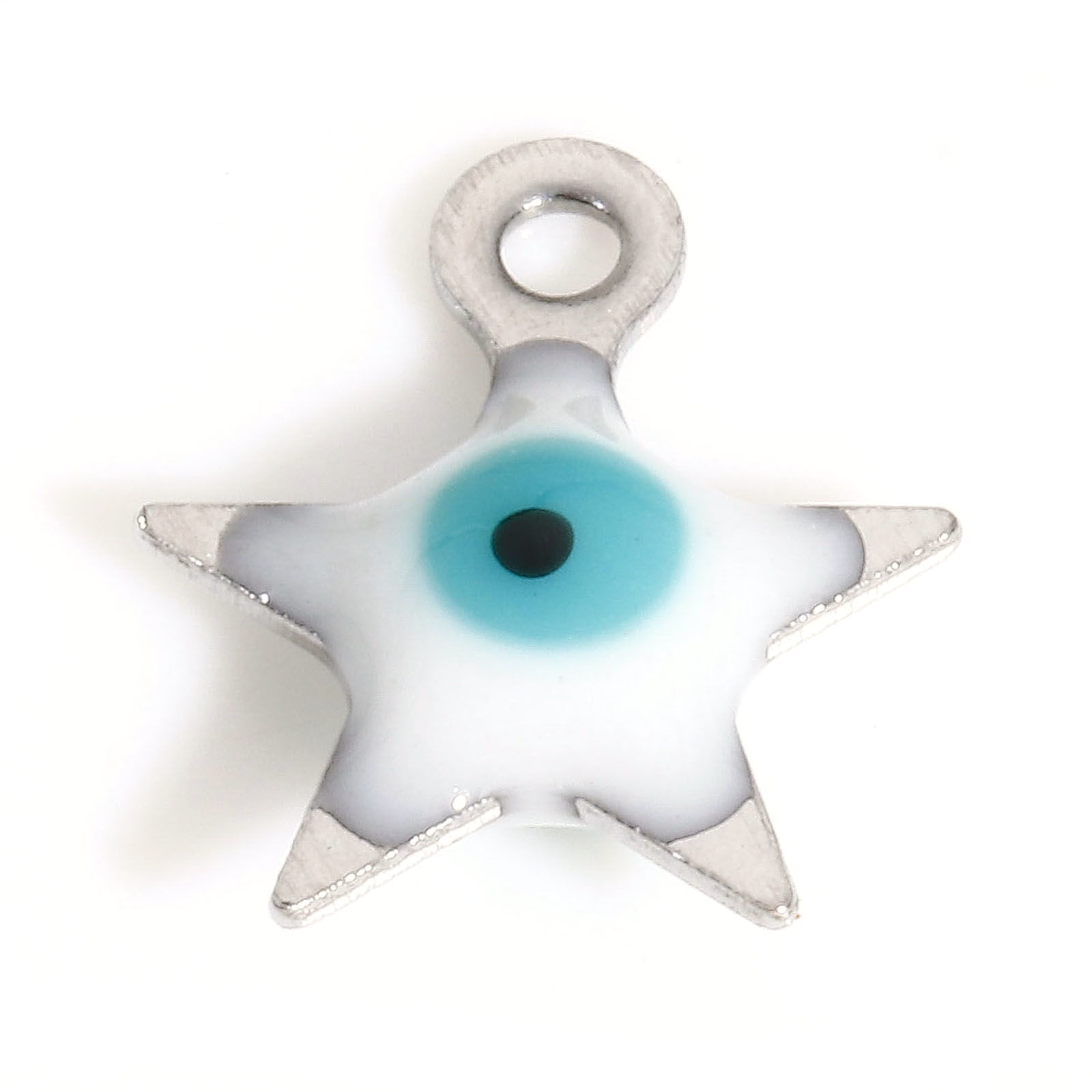 Picture of 304 Stainless Steel Religious Charms Silver Tone White Pentagram Star Evil Eye Double-sided Enamel 9mm x 8mm, 10 PCs