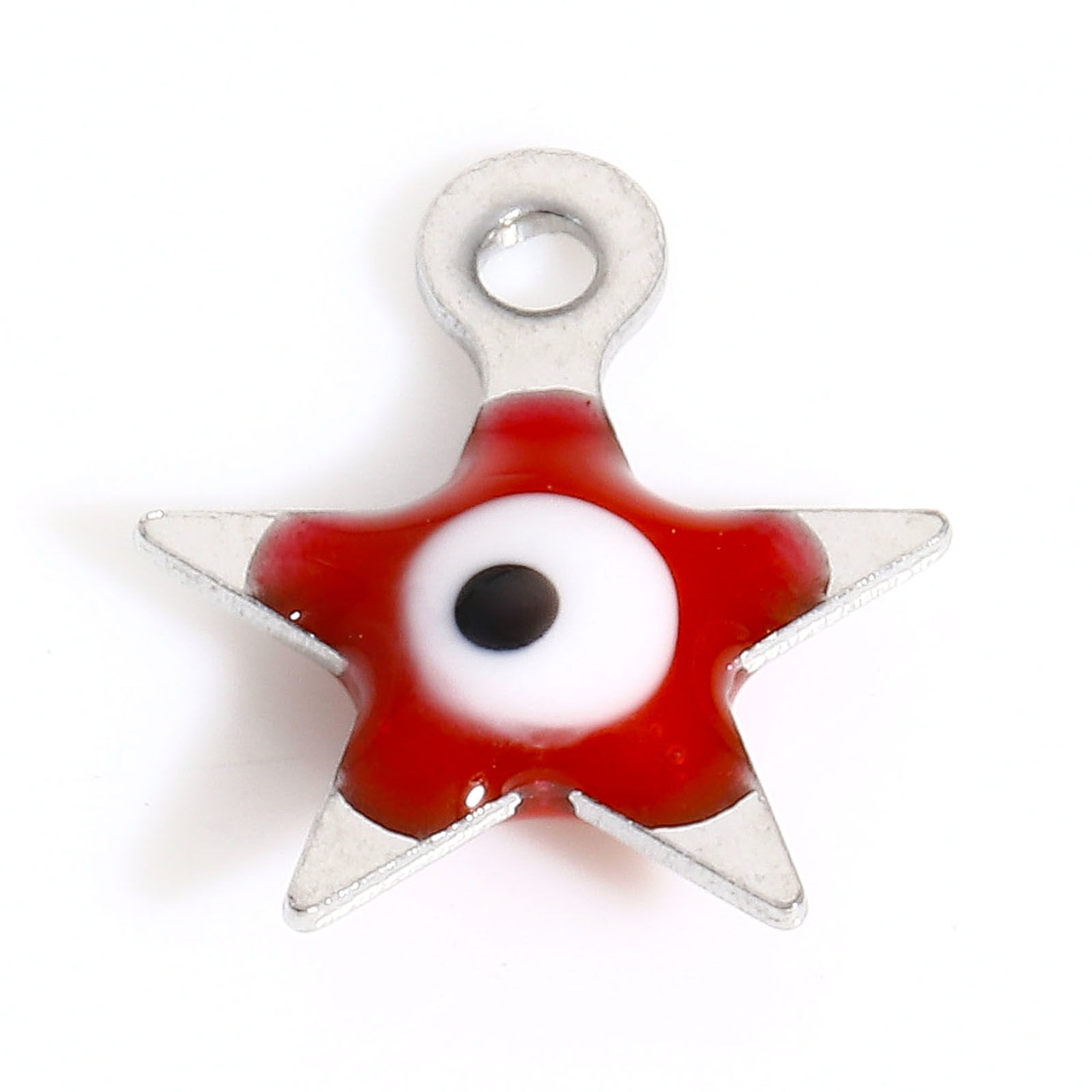 Picture of 304 Stainless Steel Religious Charms Silver Tone Red Pentagram Star Evil Eye Double-sided Enamel 9mm x 8mm, 10 PCs