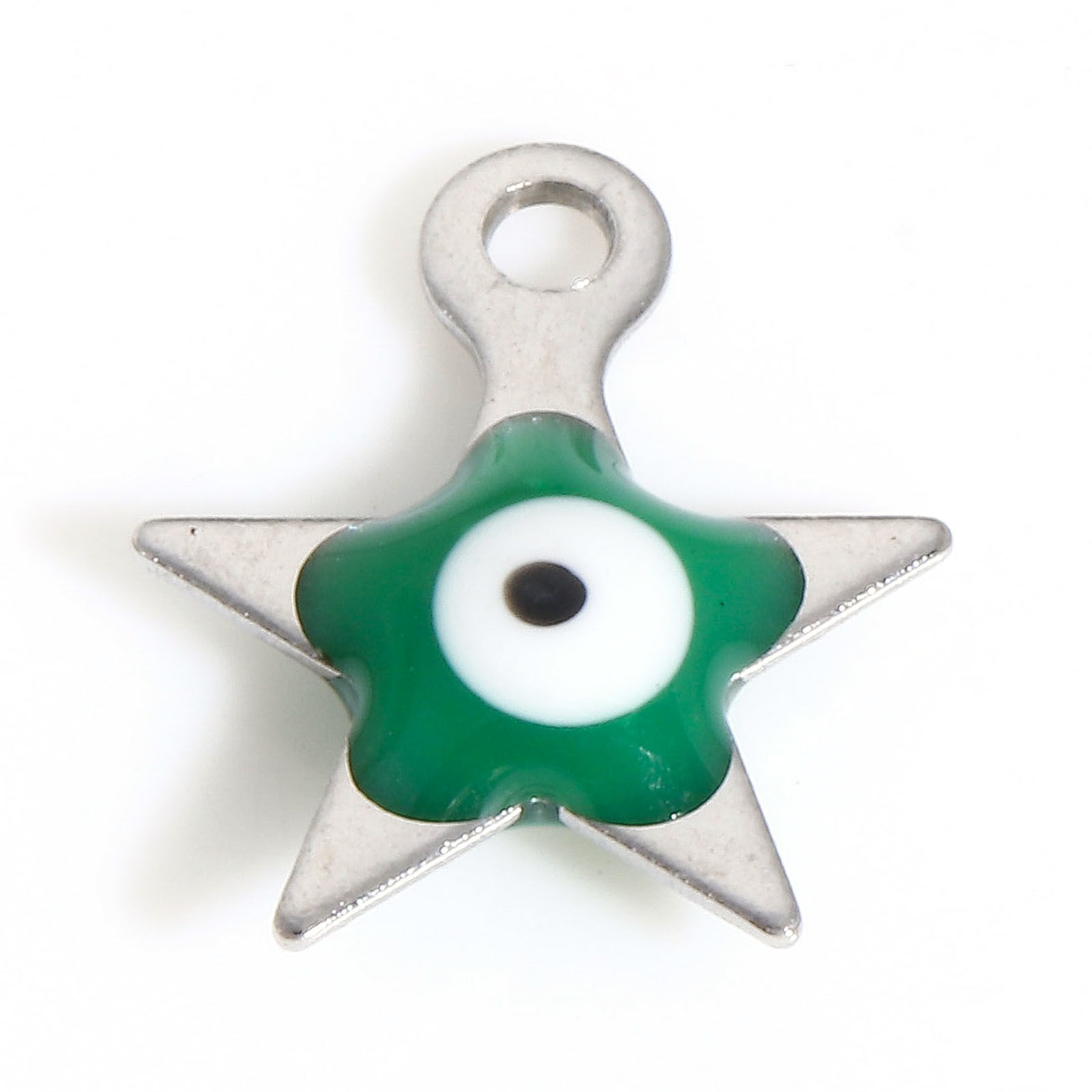 Picture of 304 Stainless Steel Religious Charms Silver Tone Green Pentagram Star Evil Eye Double-sided Enamel 9mm x 8mm, 10 PCs
