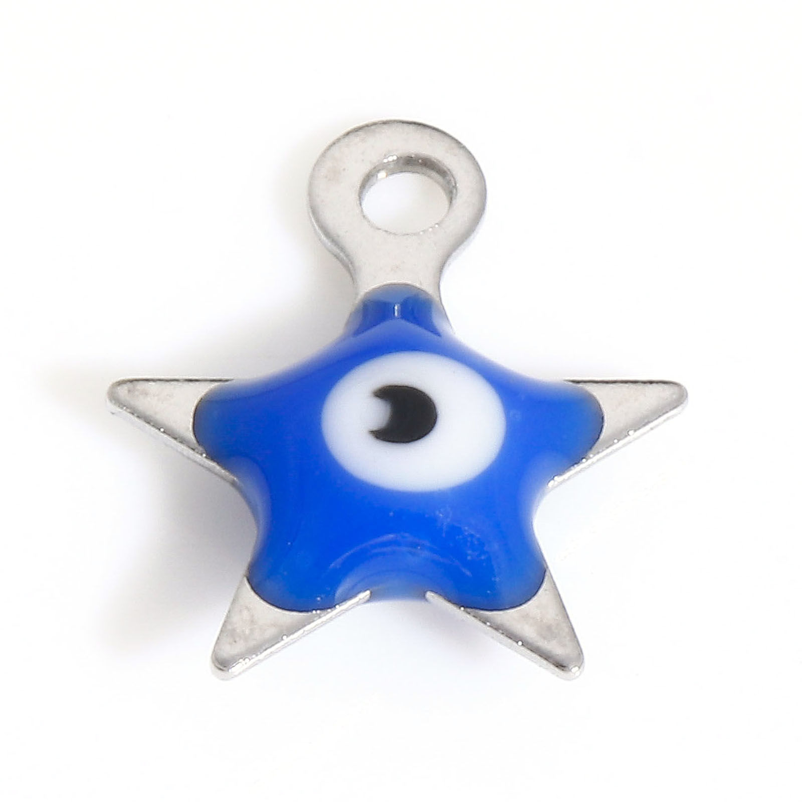 Picture of 304 Stainless Steel Religious Charms Silver Tone Blue Pentagram Star Evil Eye Double-sided Enamel 9mm x 8mm, 10 PCs