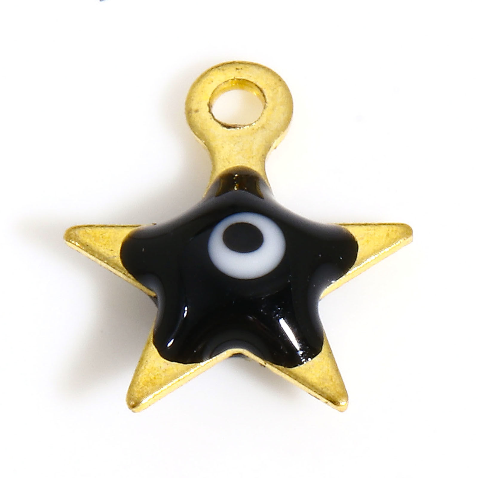 Picture of 304 Stainless Steel Religious Charms Gold Plated Black Pentagram Star Evil Eye Double-sided Enamel 9mm x 8mm, 10 PCs