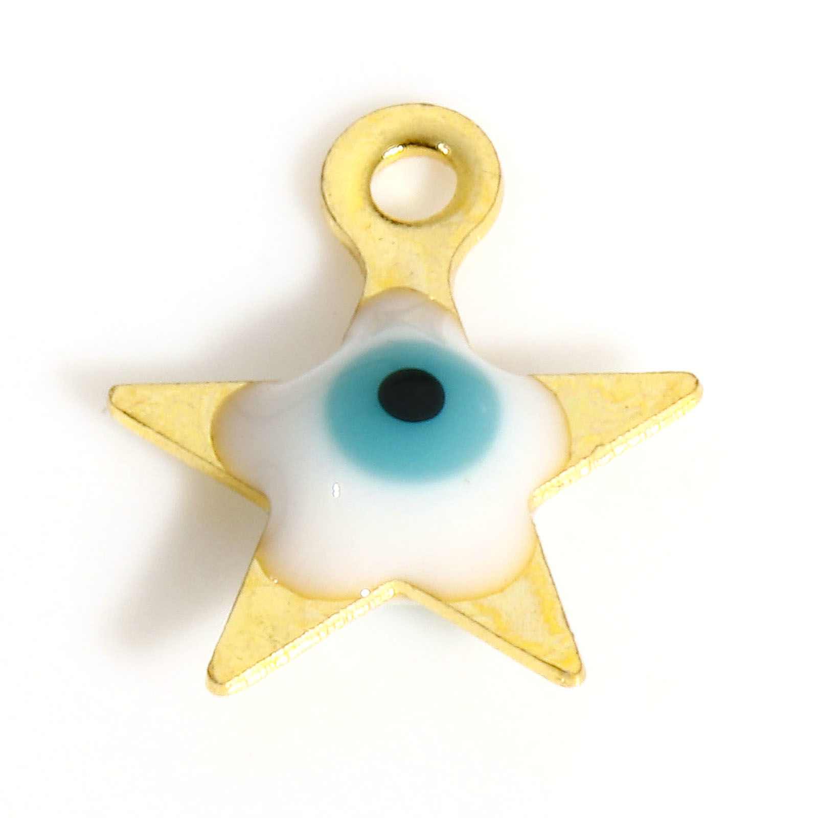 Picture of 304 Stainless Steel Religious Charms Gold Plated White Pentagram Star Evil Eye Double-sided Enamel 9mm x 8mm, 10 PCs