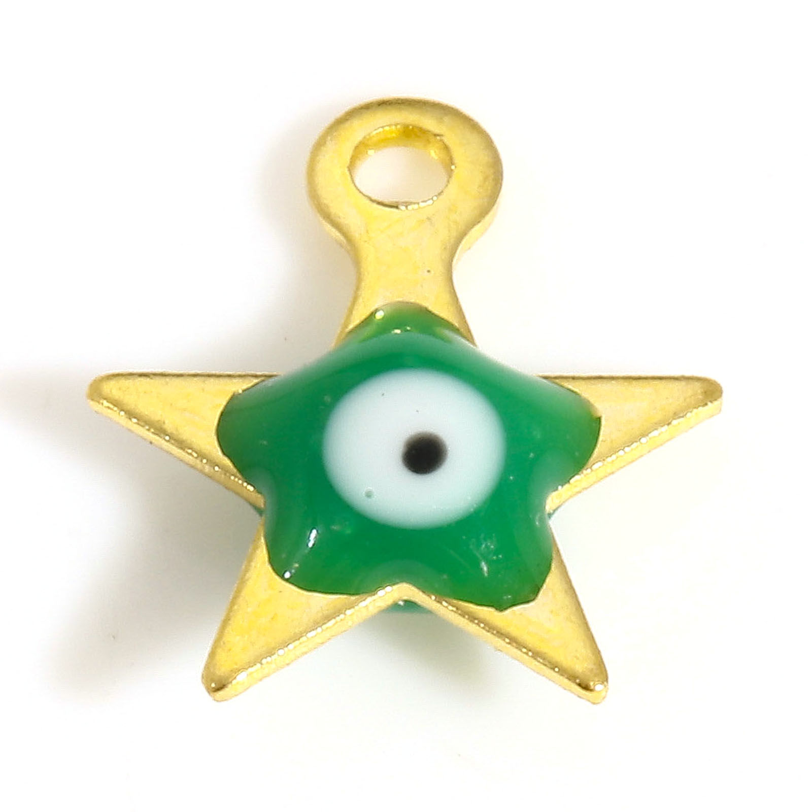 Picture of 304 Stainless Steel Religious Charms Gold Plated Green Pentagram Star Evil Eye Double-sided Enamel 9mm x 8mm, 10 PCs
