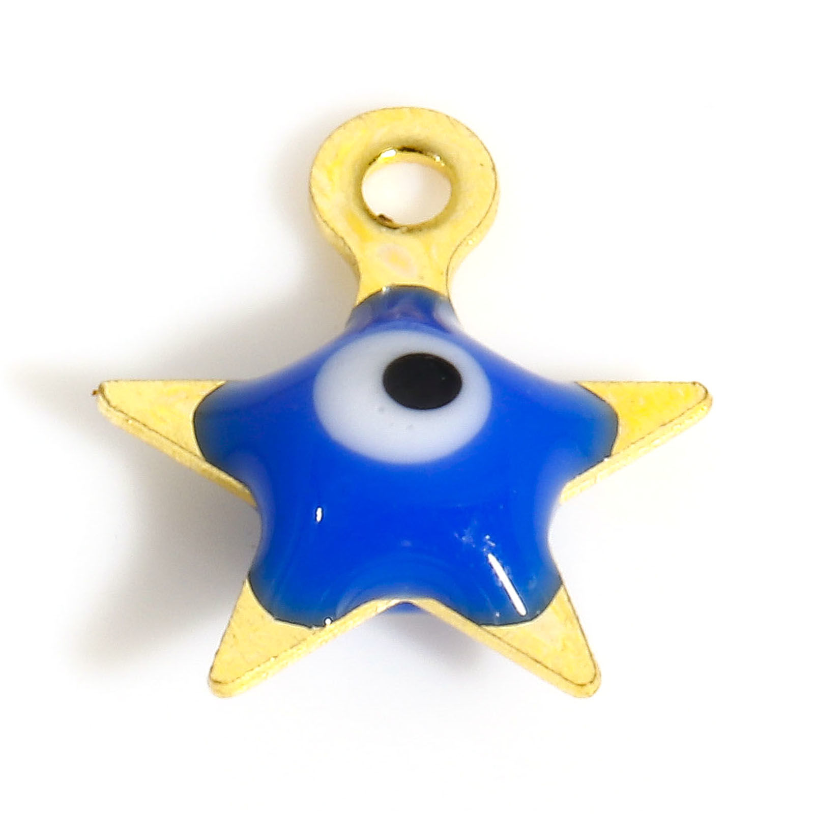 Picture of 304 Stainless Steel Religious Charms Gold Plated Blue Pentagram Star Evil Eye Double-sided Enamel 9mm x 8mm, 10 PCs