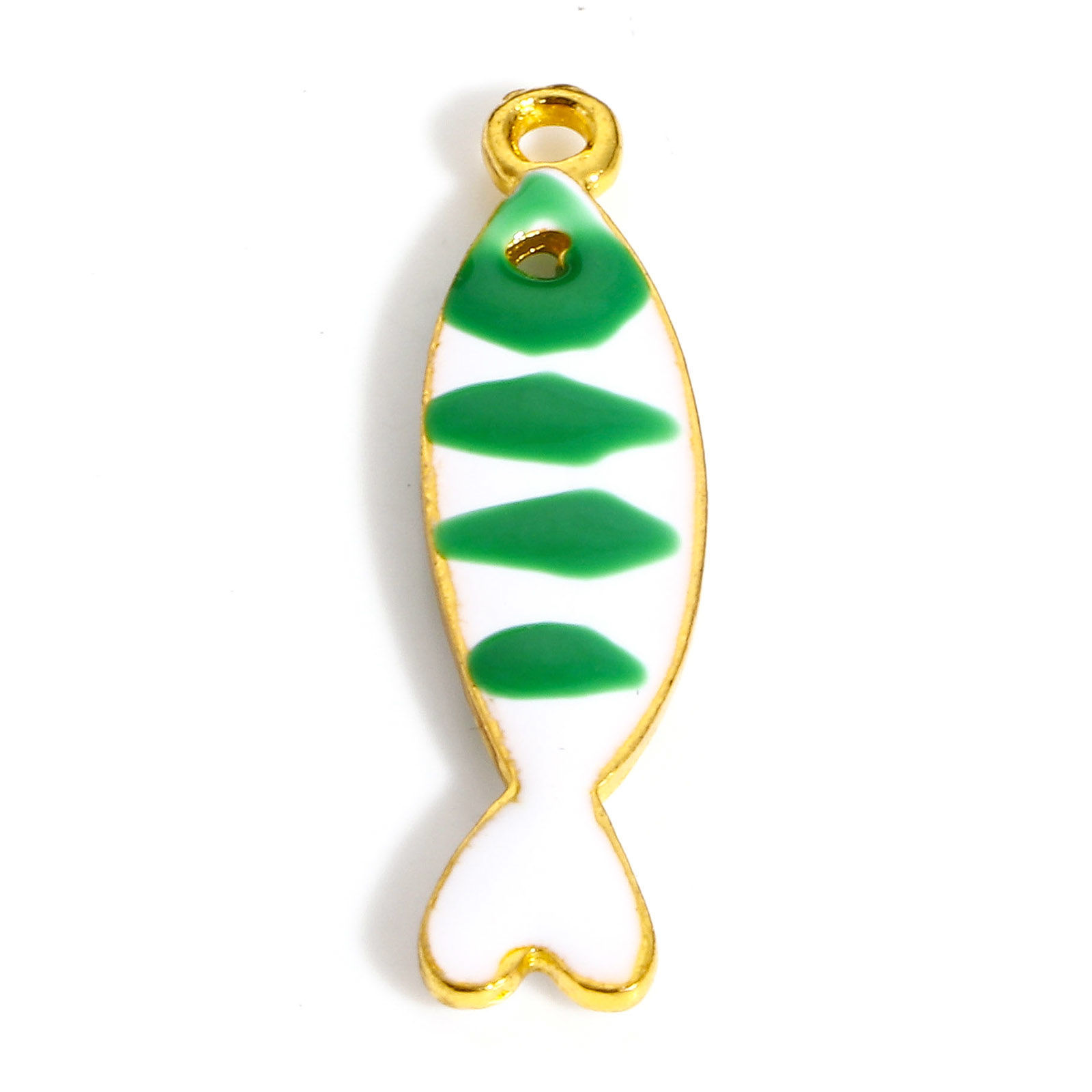 Picture of Zinc Based Alloy Enamelled Sequins Charms Gold Plated White & Green Fish Animal Enamel 26mm x 7mm, 5 PCs