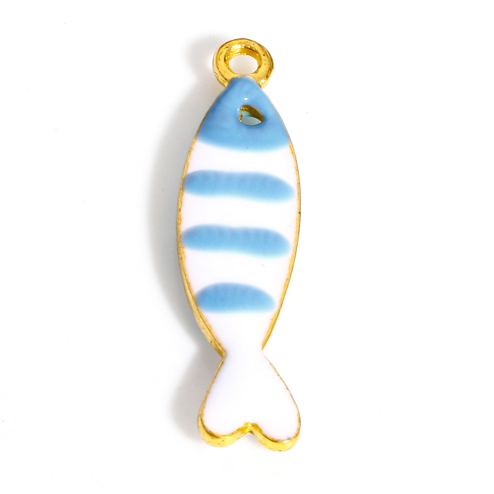 Picture of Zinc Based Alloy Enamelled Sequins Charms Gold Plated White & Blue Fish Animal Enamel 26mm x 7mm, 5 PCs