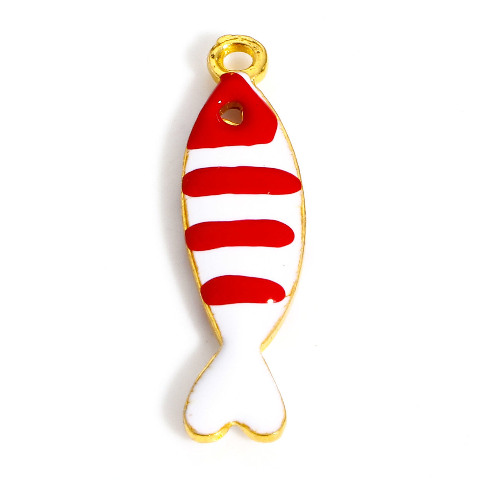 Picture of Zinc Based Alloy Enamelled Sequins Charms Gold Plated White & Red Fish Animal Enamel 26mm x 7mm, 5 PCs