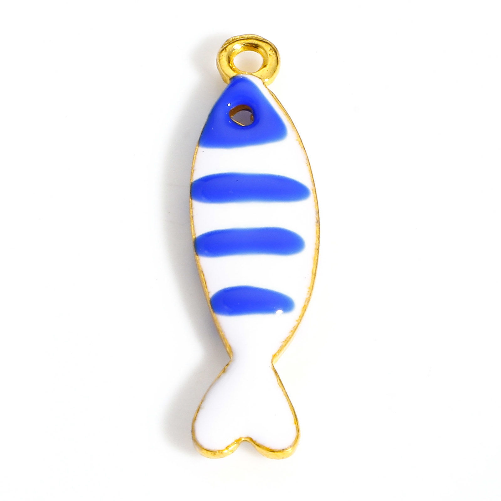 Picture of Zinc Based Alloy Enamelled Sequins Charms Gold Plated White & Dark Blue Fish Animal Enamel 26mm x 7mm, 5 PCs