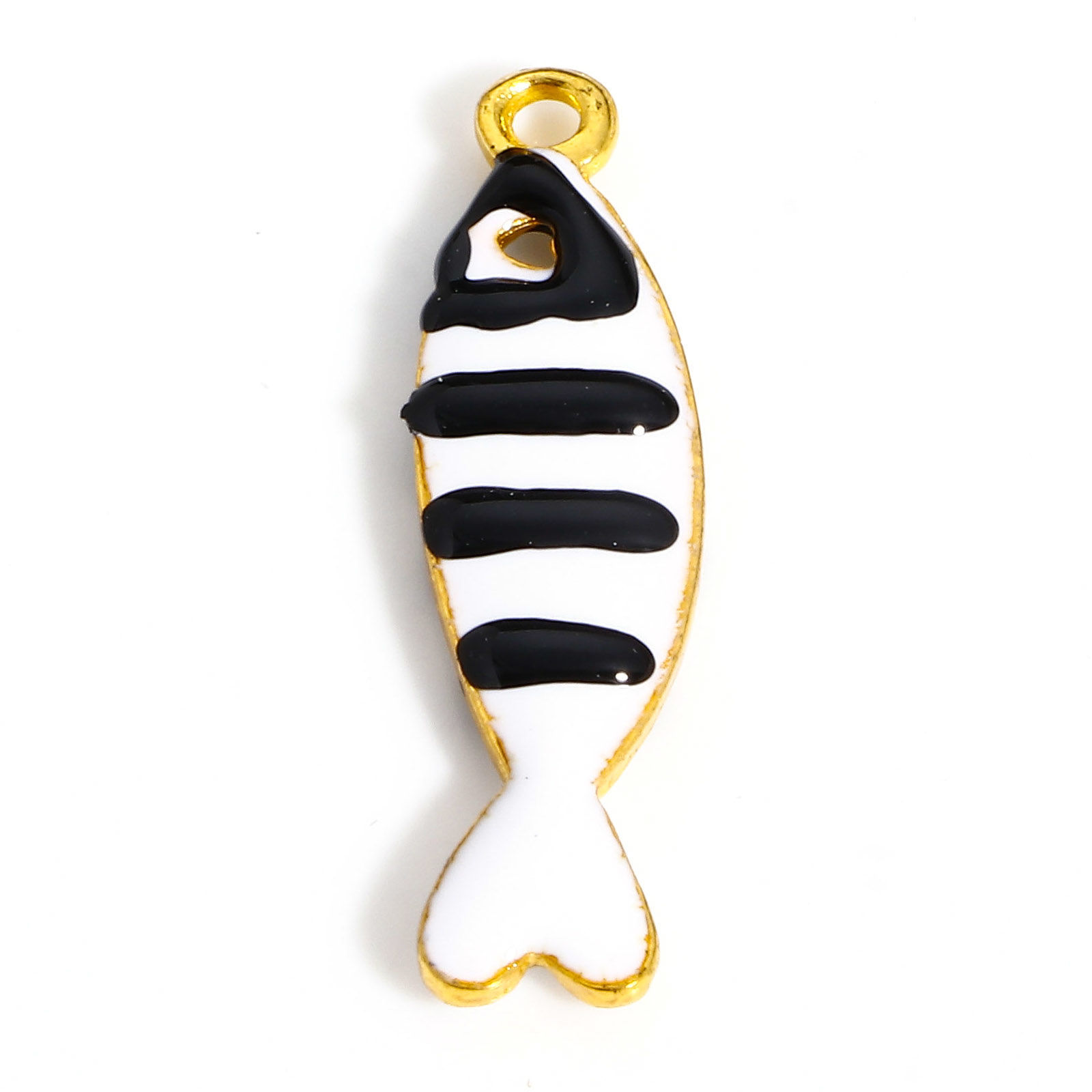 Picture of Zinc Based Alloy Enamelled Sequins Charms Gold Plated Black & White Fish Animal Enamel 26mm x 7mm, 5 PCs