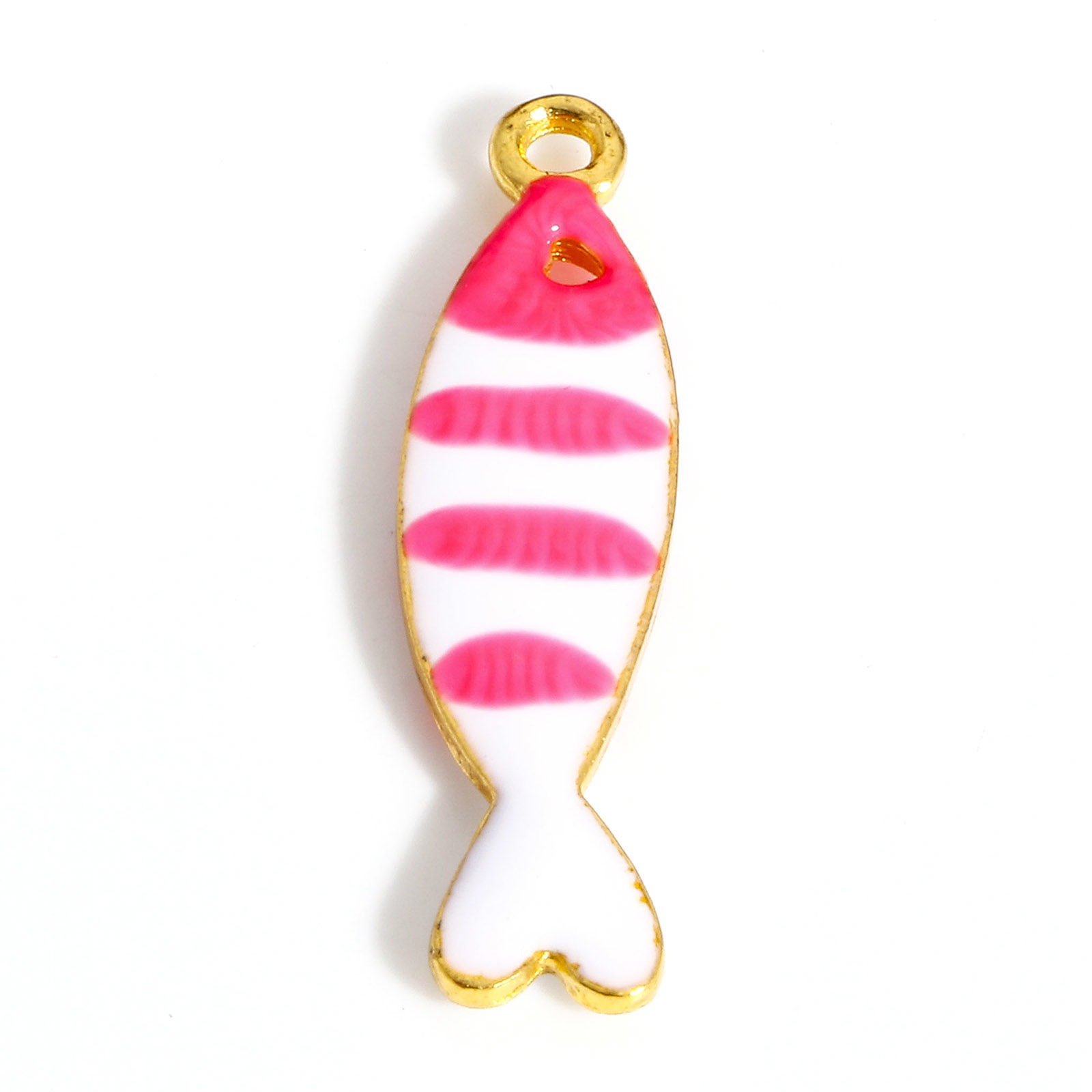 Picture of Zinc Based Alloy Enamelled Sequins Charms Gold Plated White & Pink Fish Animal Enamel 26mm x 7mm, 5 PCs