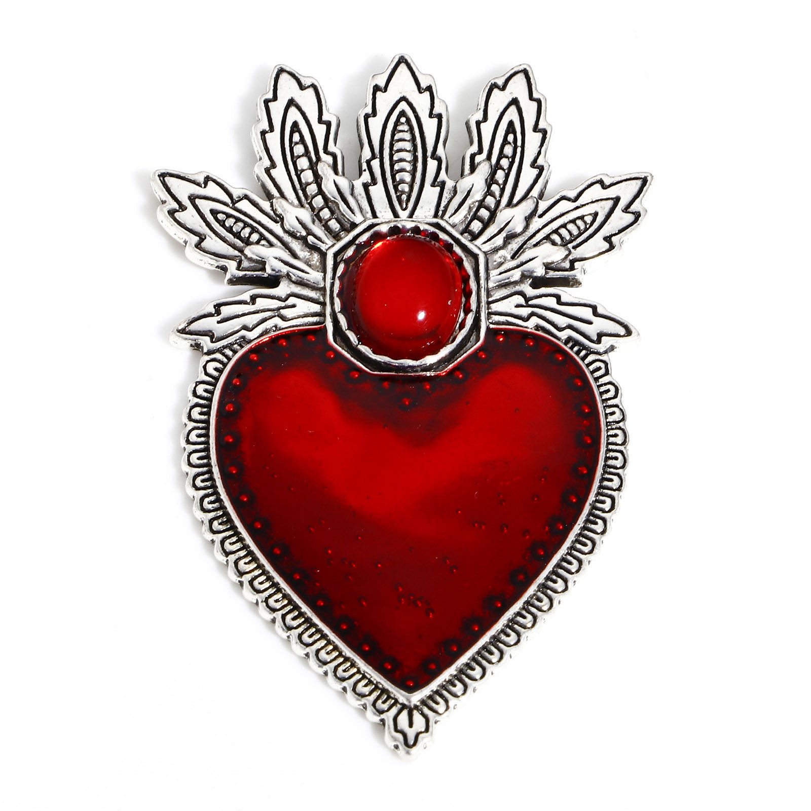 Picture of Zinc Based Alloy Religious Pendants Antique Silver Color Red Ex Voto Heart Enamel 5.9cm x 3.5cm, 5 PCs