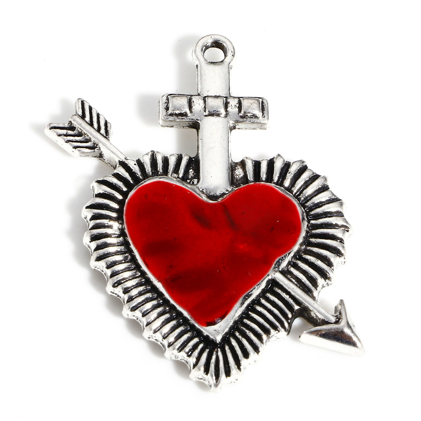 Picture of Zinc Based Alloy Religious Pendants Antique Silver Color Red Ex Voto Heart Arrowhead Enamel 3.9cm x 3.1cm, 5 PCs
