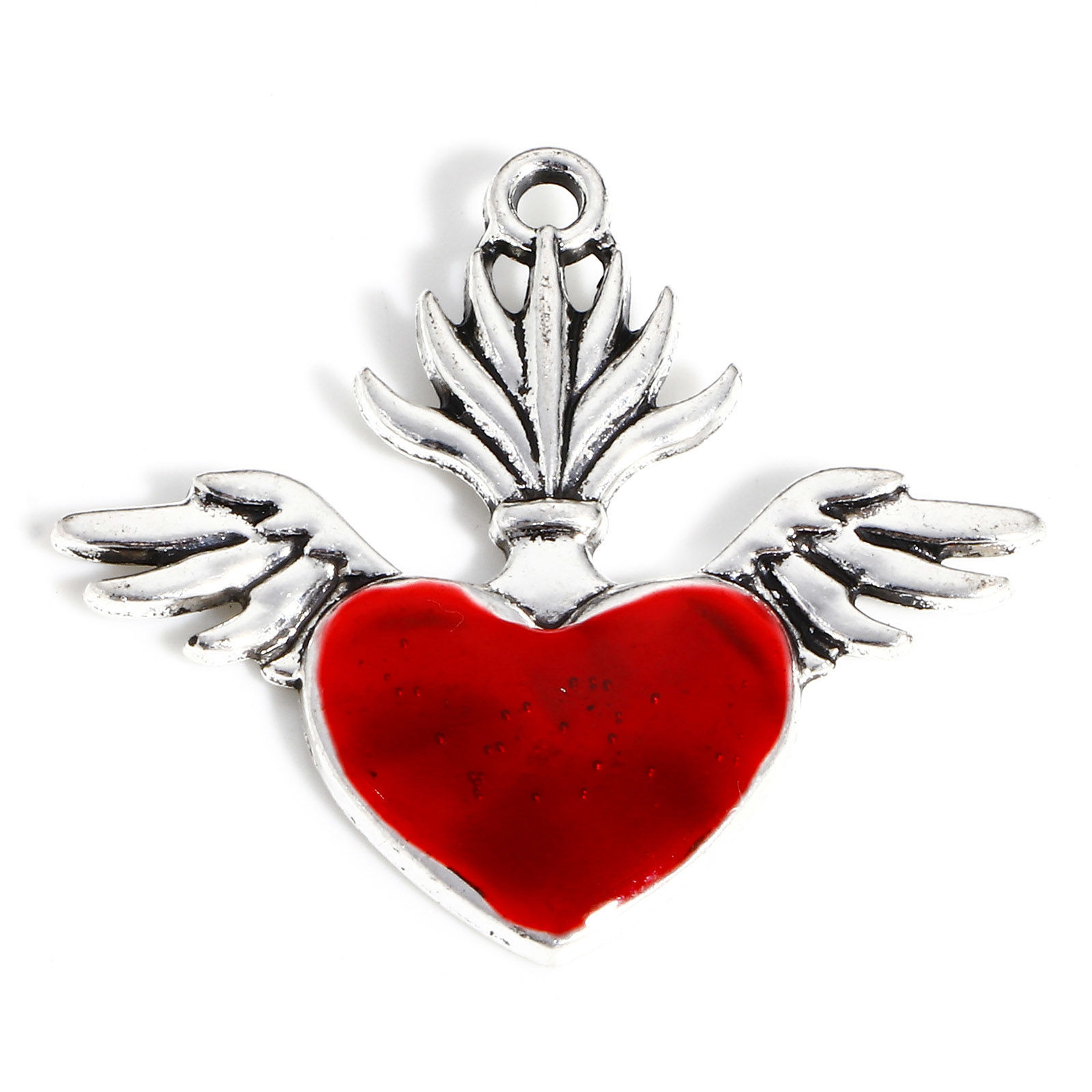 Picture of Zinc Based Alloy Religious Pendants Antique Silver Color Red Ex Voto Heart Wing Enamel 3.4cm x 3.1cm, 5 PCs