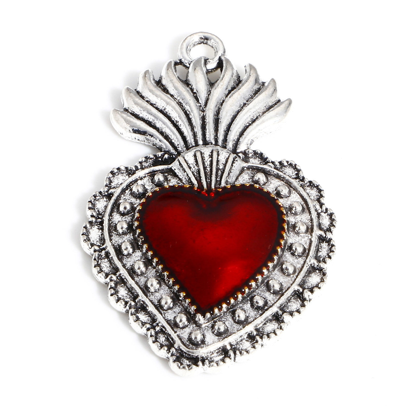 Picture of Zinc Based Alloy Religious Pendants Antique Silver Color Red Ex Voto Heart Enamel 3.6cm x 2.2cm, 5 PCs