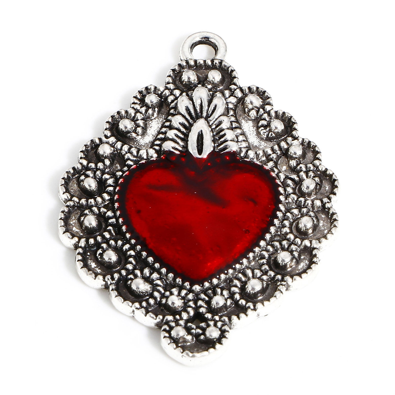 Picture of Zinc Based Alloy Religious Pendants Antique Silver Color Red Ex Voto Heart Enamel 3.5cm x 2.4cm, 5 PCs