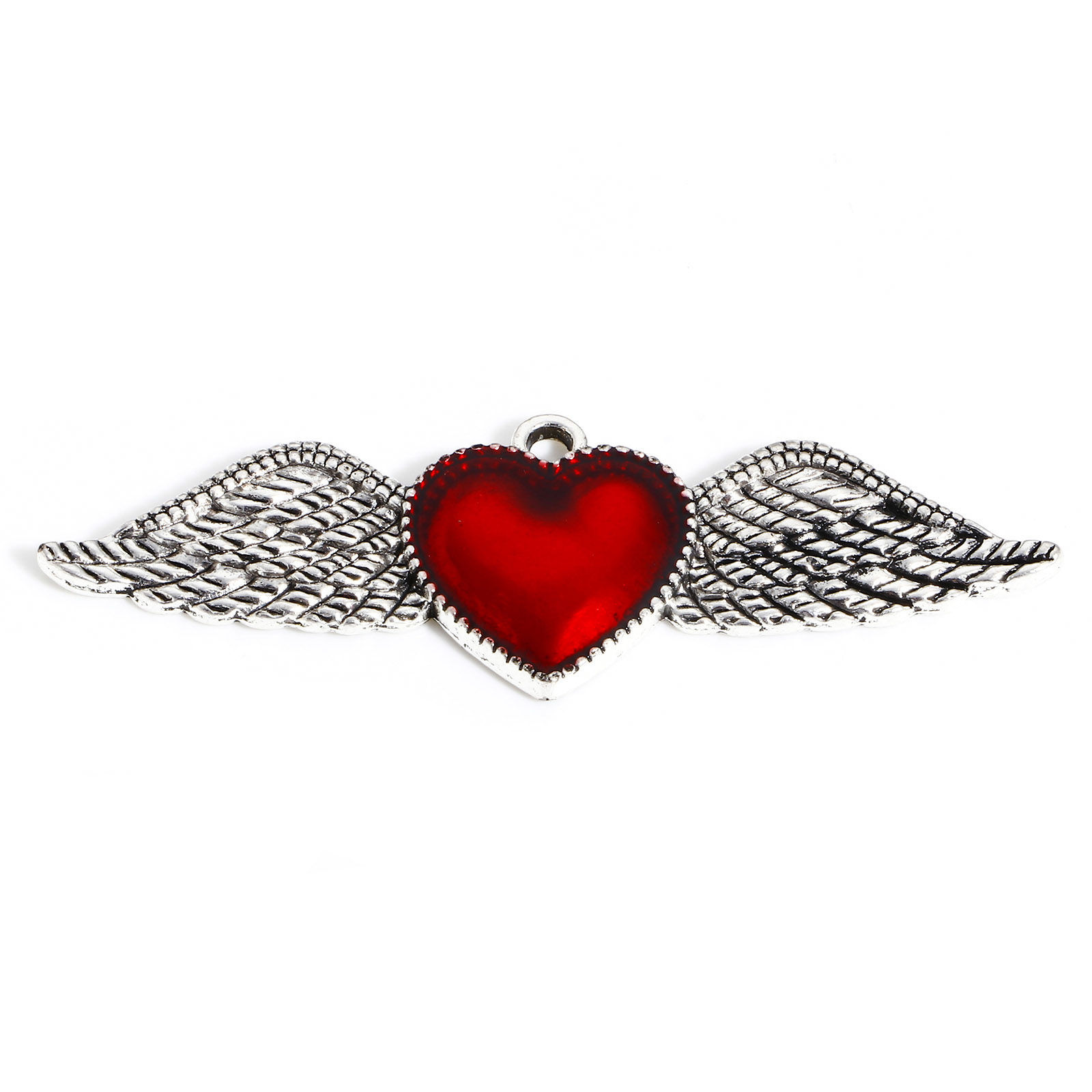 Picture of Zinc Based Alloy Religious Pendants Antique Silver Color Red Ex Voto Heart Wing Enamel 5.5cm x 1.8cm, 5 PCs