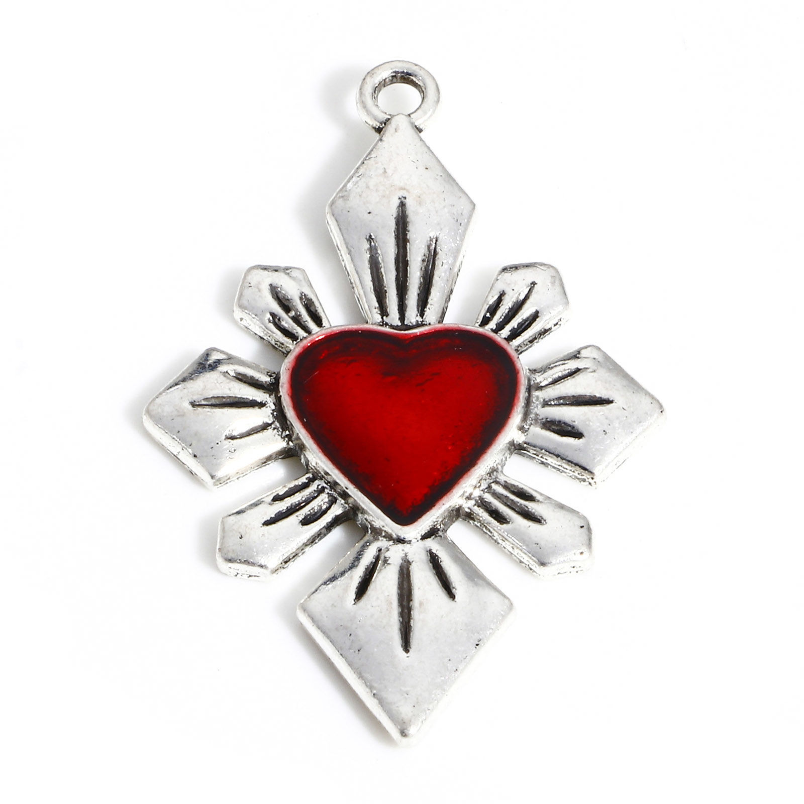 Picture of Zinc Based Alloy Religious Pendants Antique Silver Color Red Ex Voto Heart Cross Enamel 4cm x 2.5cm, 5 PCs