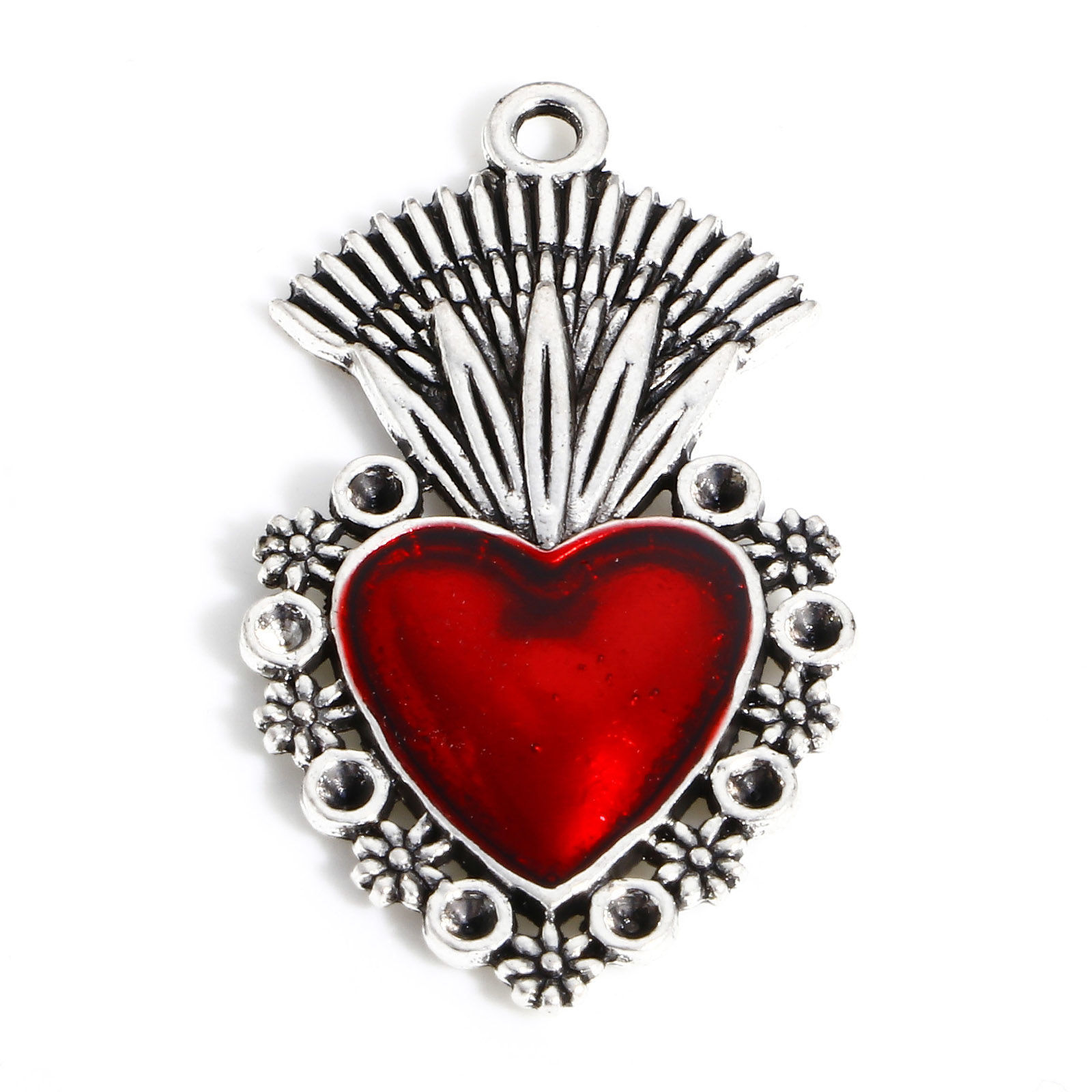 Picture of Zinc Based Alloy Religious Pendants Antique Silver Color Red Ex Voto Heart Enamel 3.7cm x 2cm, 5 PCs