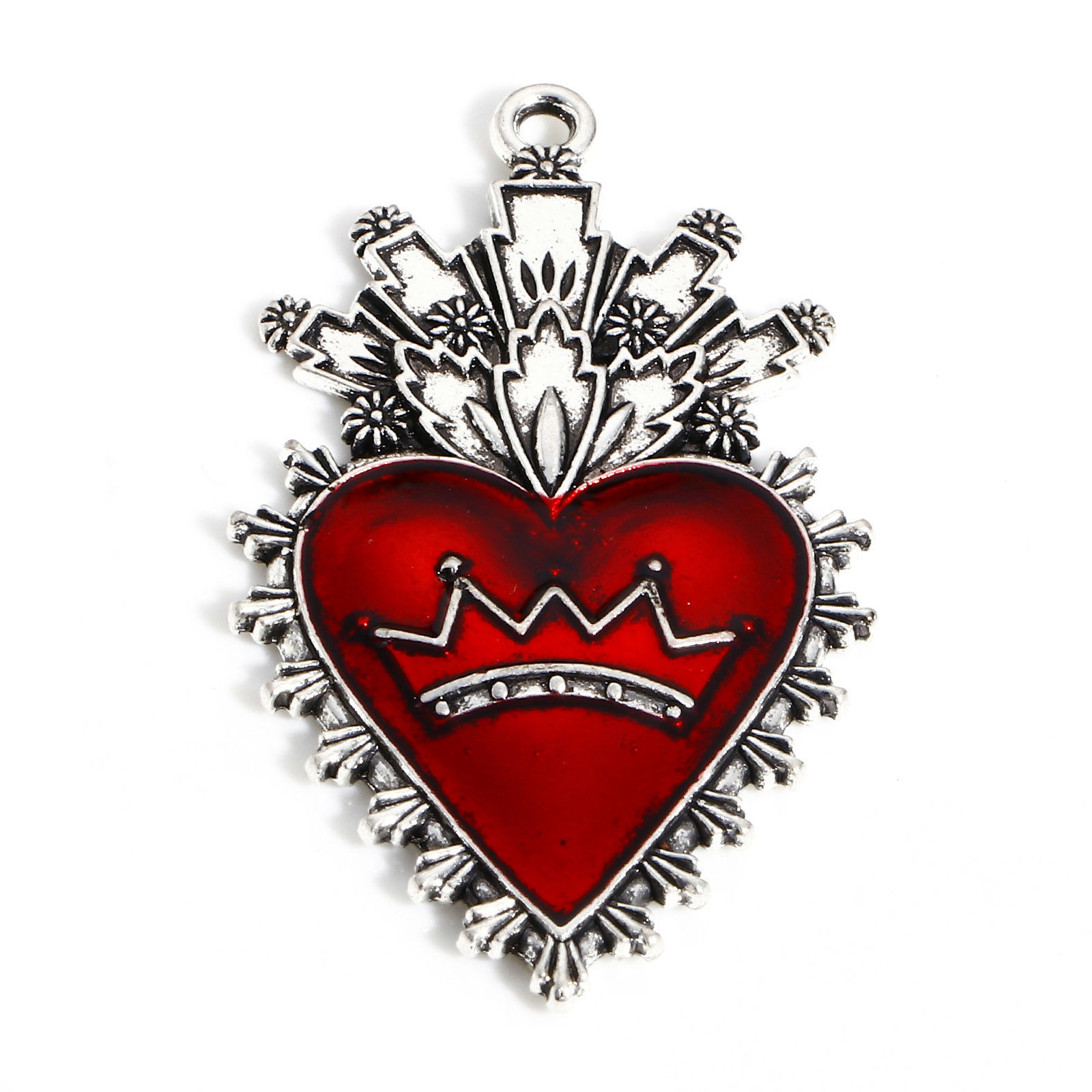 Picture of Zinc Based Alloy Religious Pendants Antique Silver Color Red Ex Voto Heart Crown Enamel 4.6cm x 2.7cm, 5 PCs