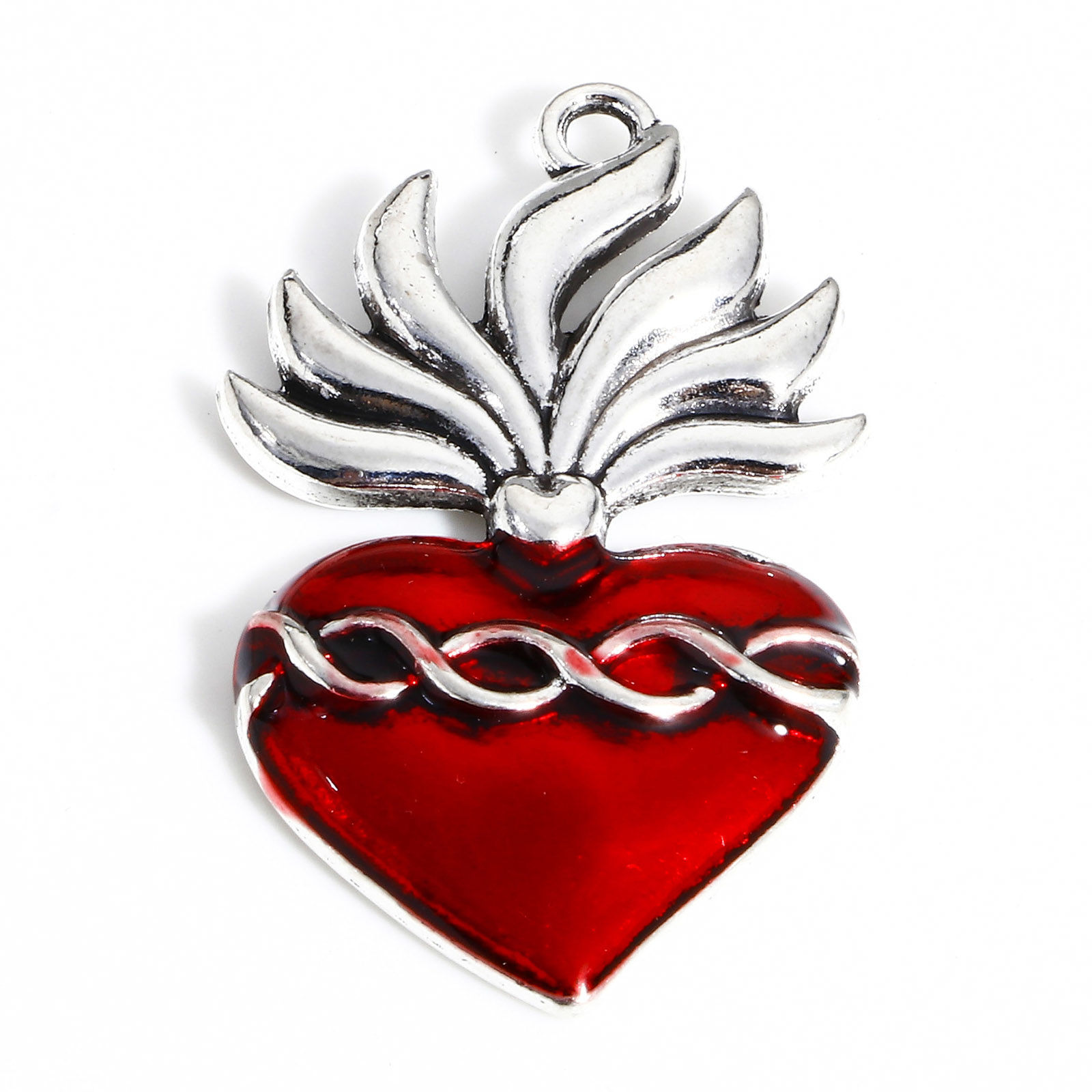 Picture of Zinc Based Alloy Religious Pendants Antique Silver Color Red Ex Voto Heart Enamel 3.7cm x 2.2cm, 5 PCs